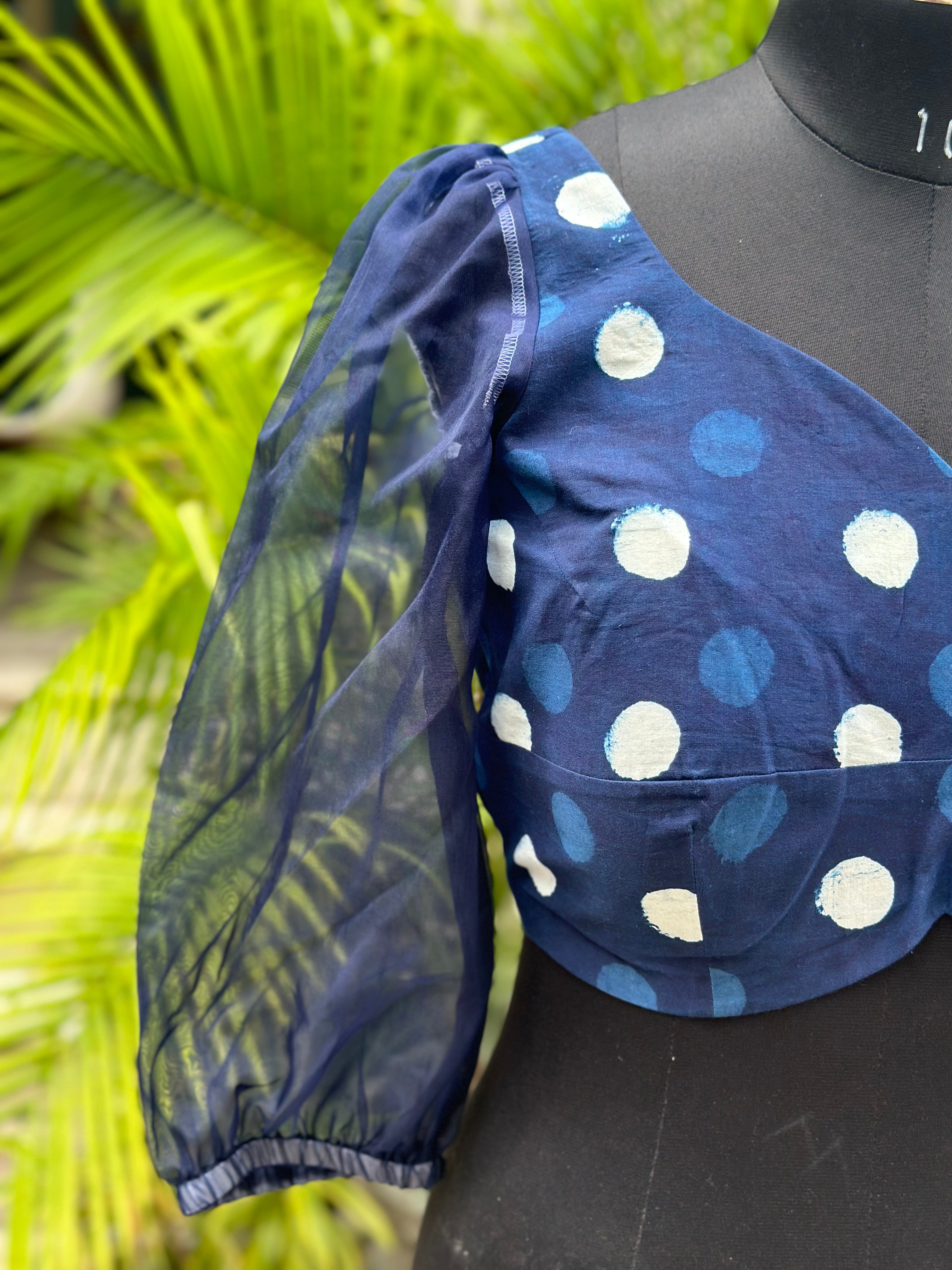 Indigo Dabu Handblock Print Cotton Blouse with Organza Sleeves