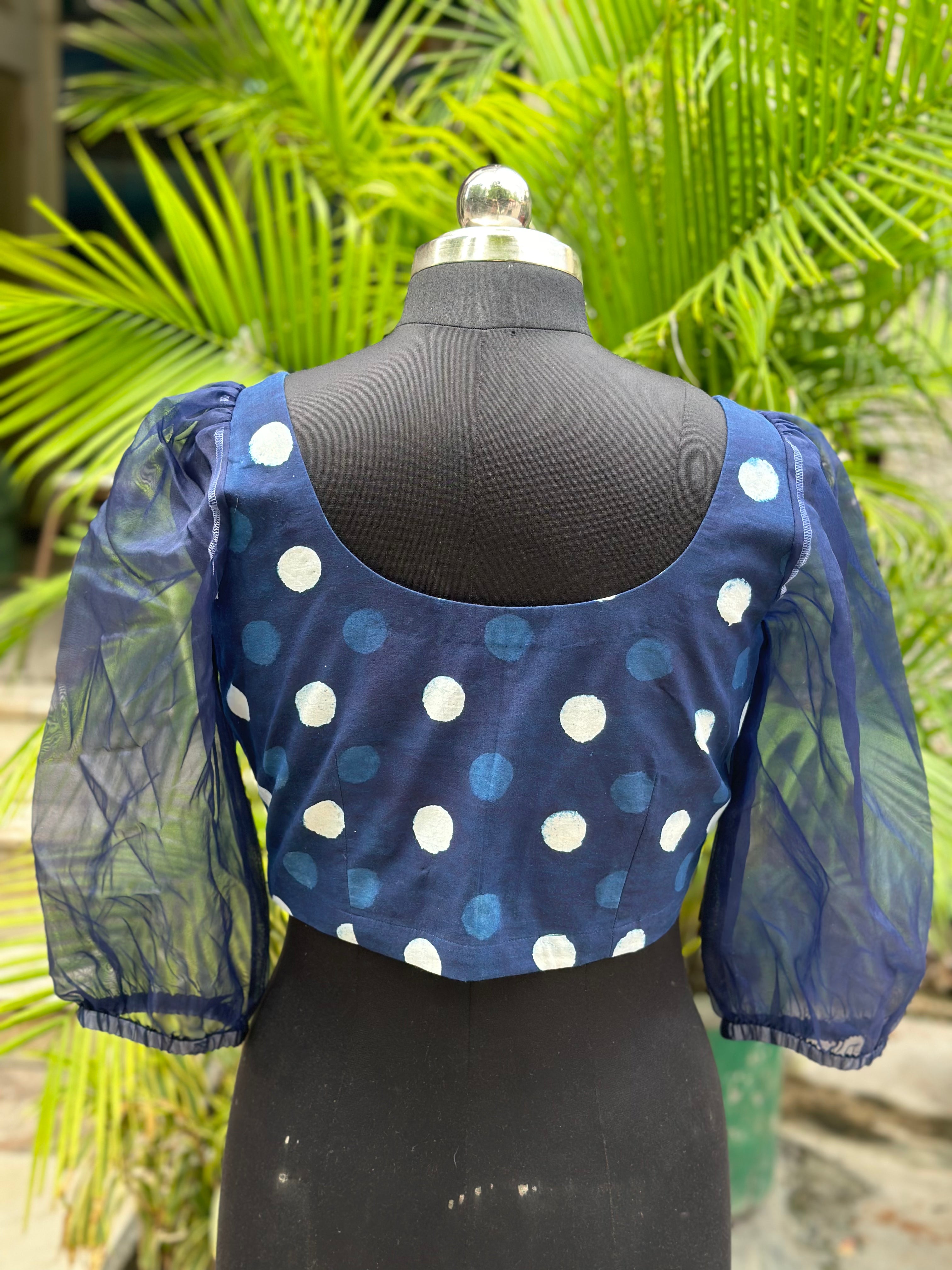 Indigo Dabu Handblock Print Cotton Blouse with Organza Sleeves