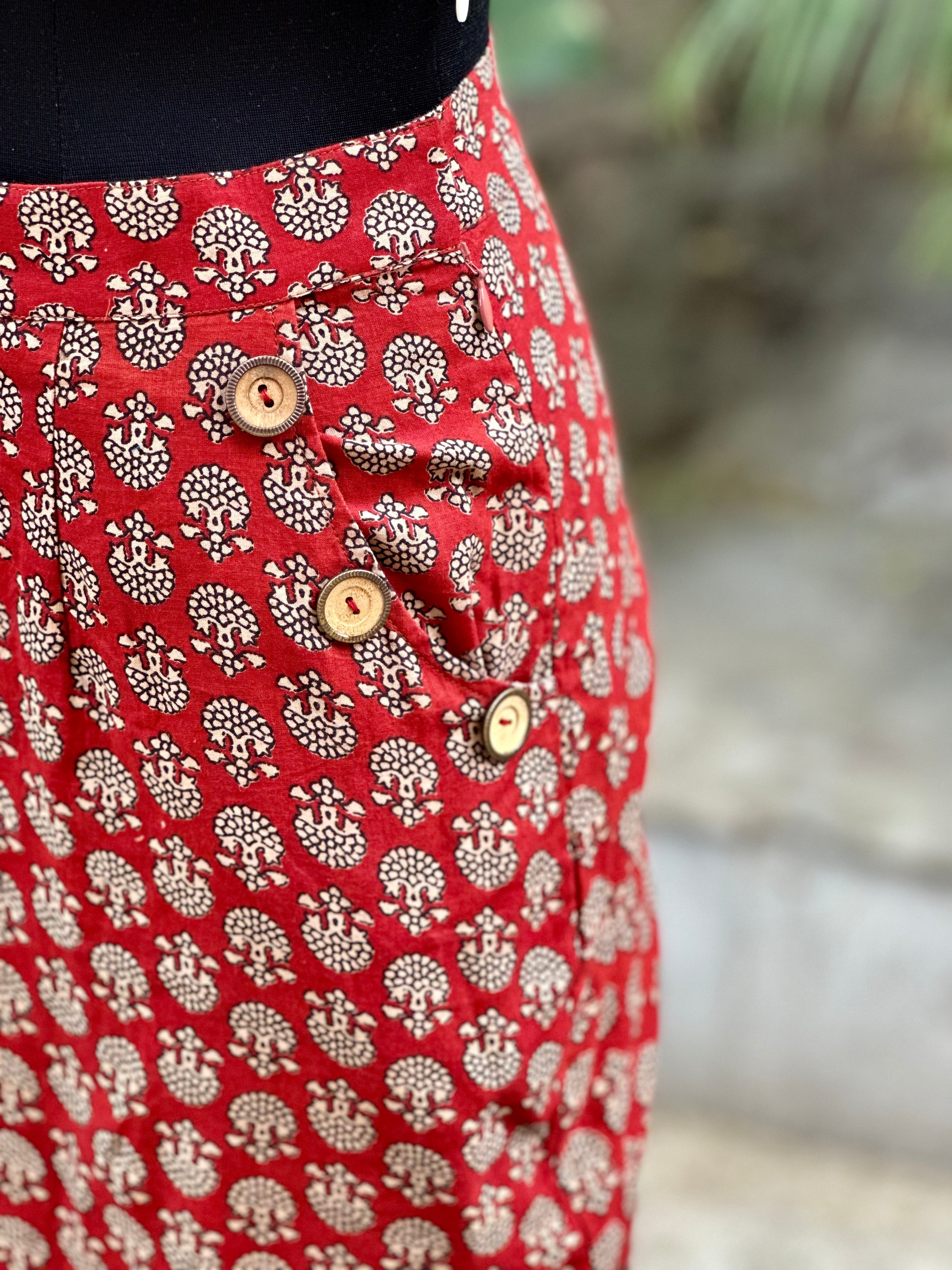 Red bagru handblock print pencil skirt