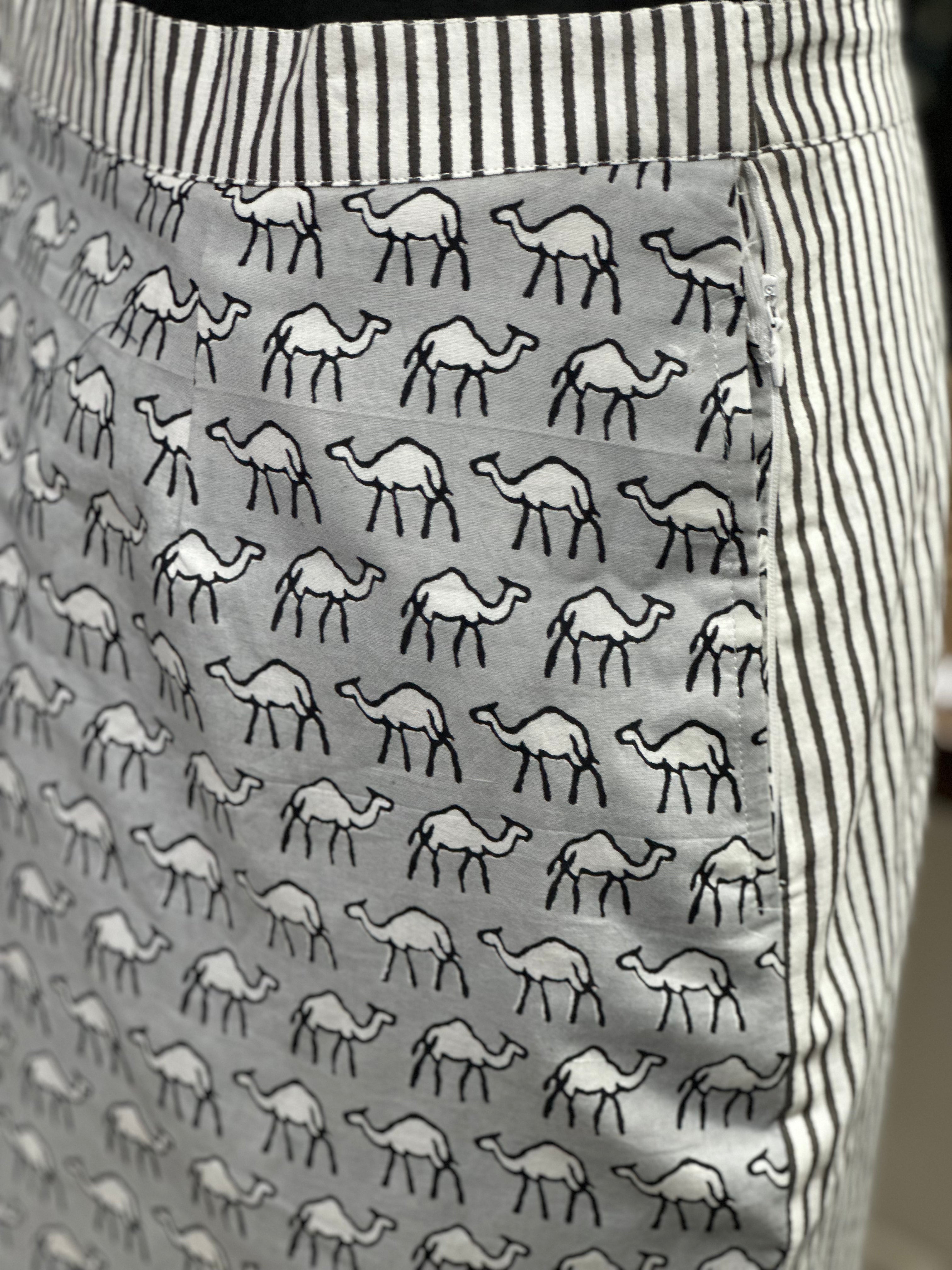 Grey camel bagru handblock print pencil wrap style cotton skirt
