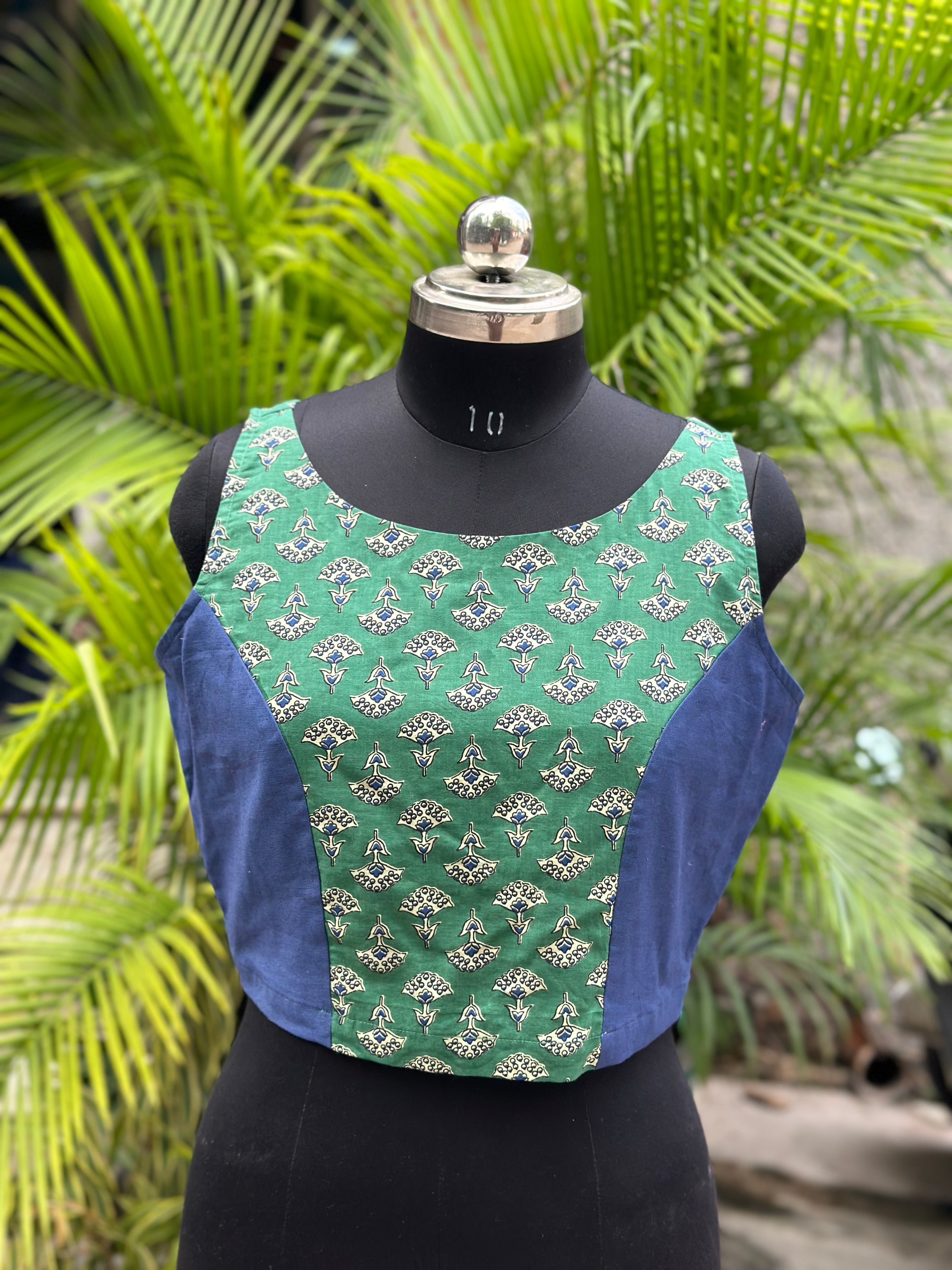 Green Bagru Booti Handblock Print Sleevesless Cotton  blouse