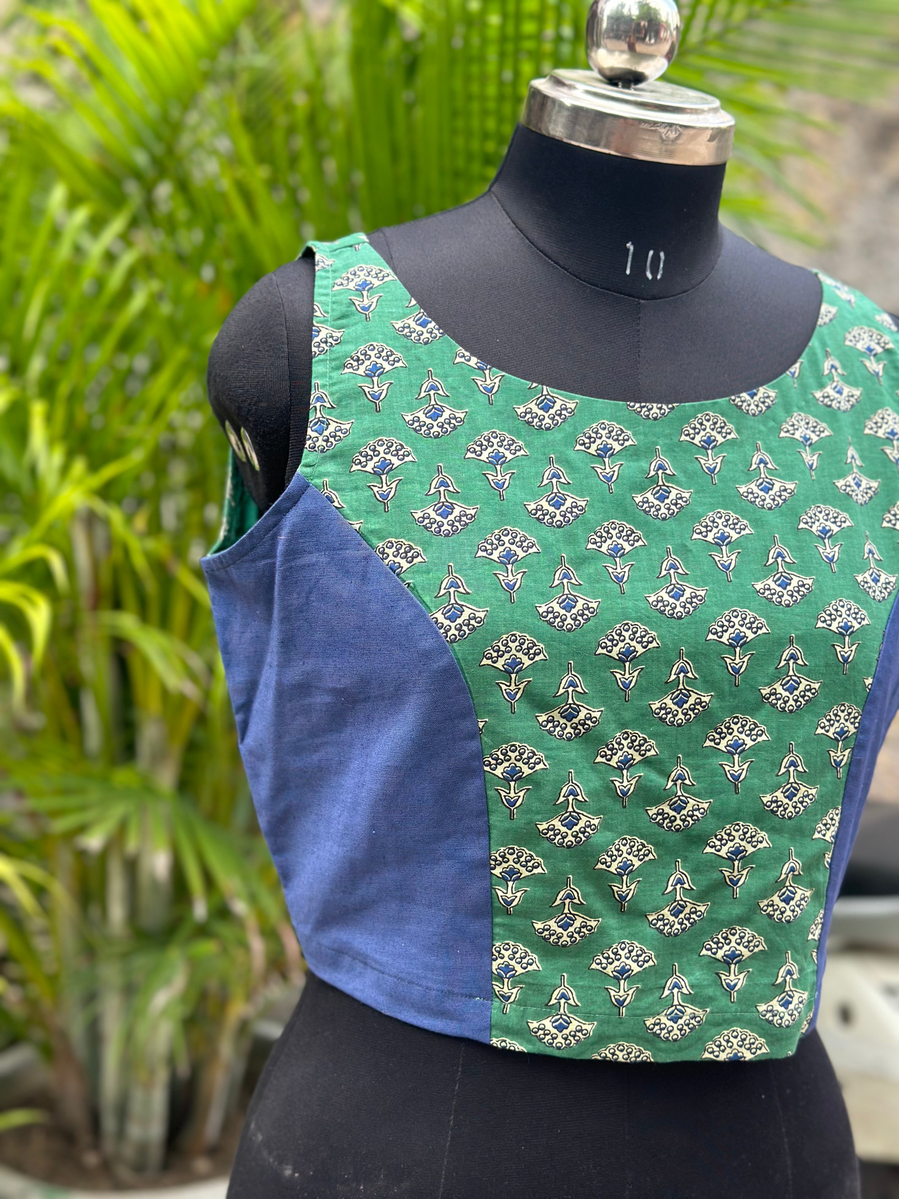Green Bagru Booti Handblock Print Sleevesless Cotton  blouse