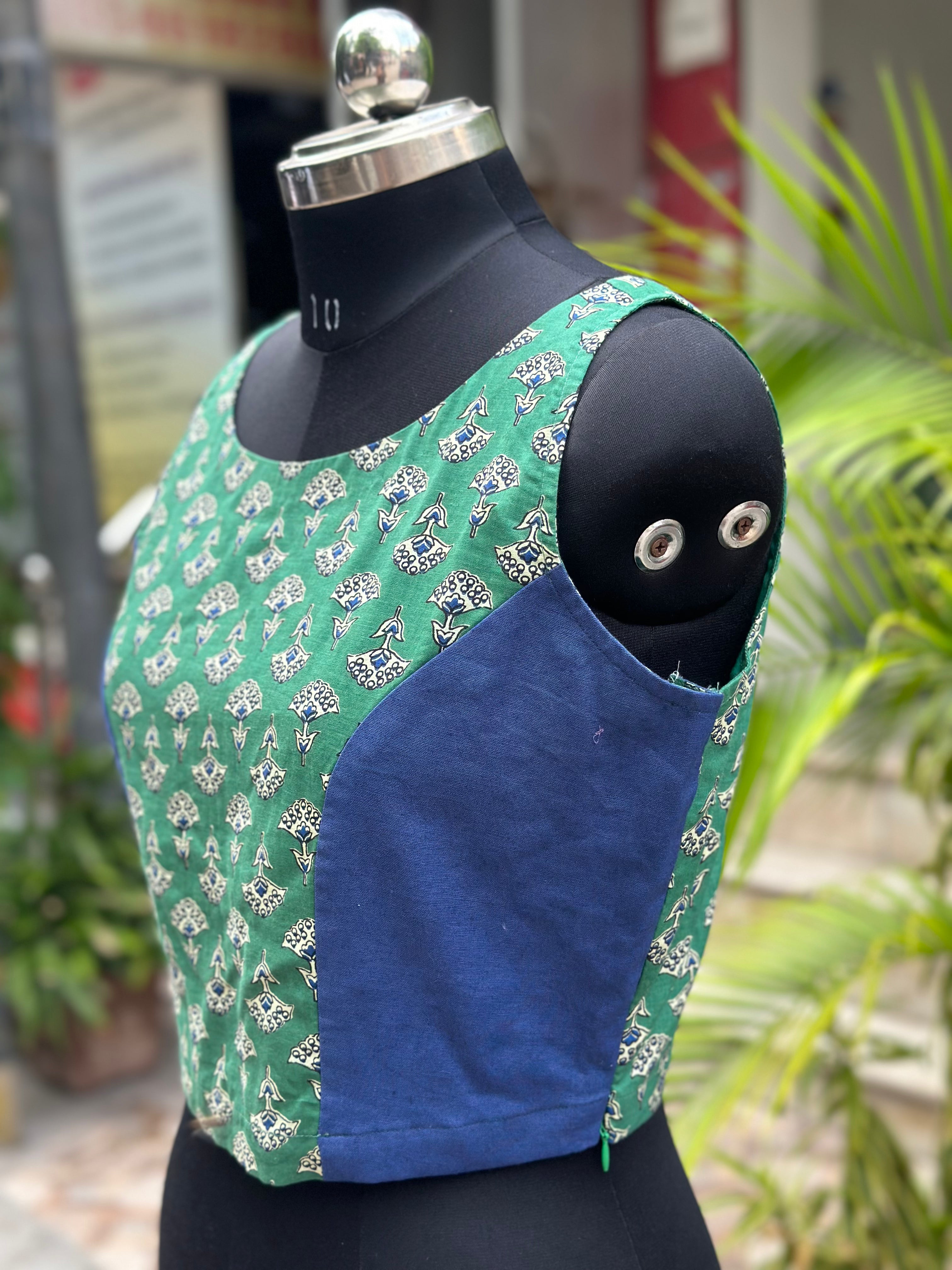 Green Bagru Booti Handblock Print Sleevesless Cotton  blouse