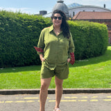 Olive Cotton Co-ord set with Red Ajrakh Handblock print patch