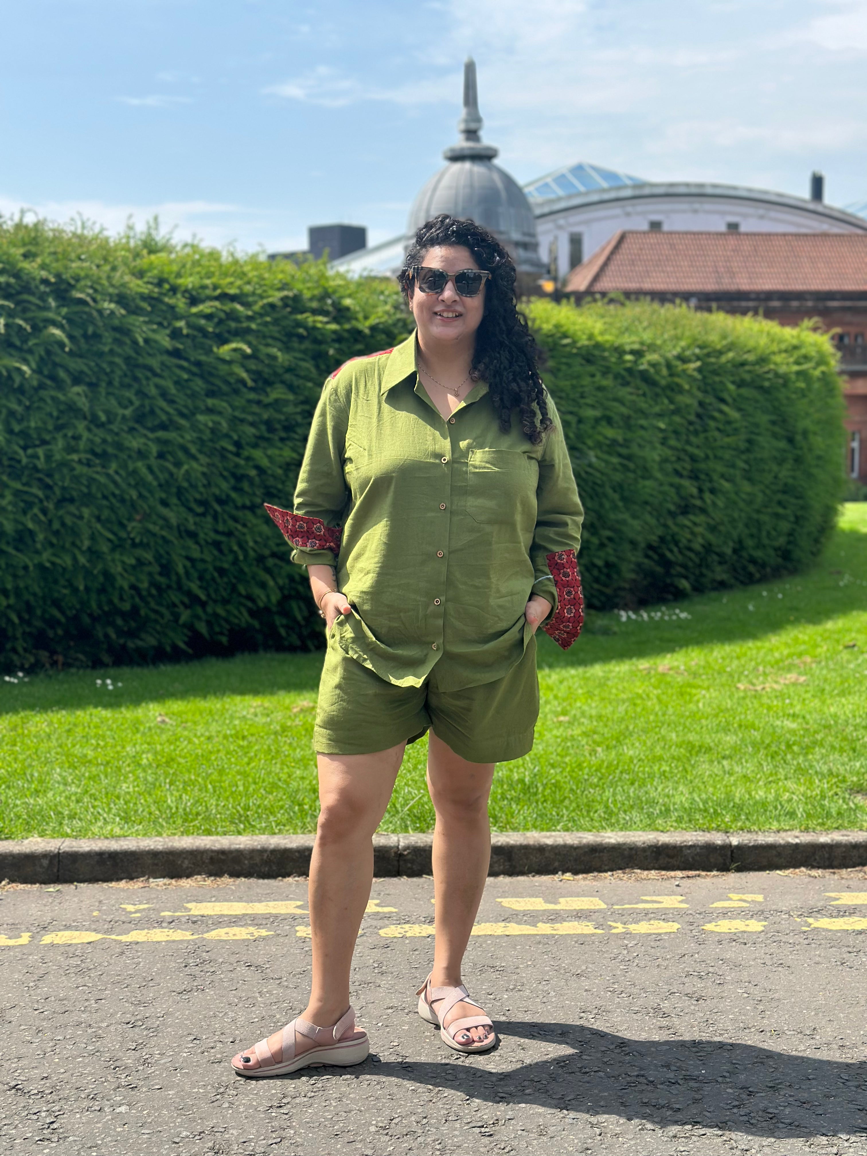 Olive Cotton Co-ord set with Red Ajrakh Handblock print patch