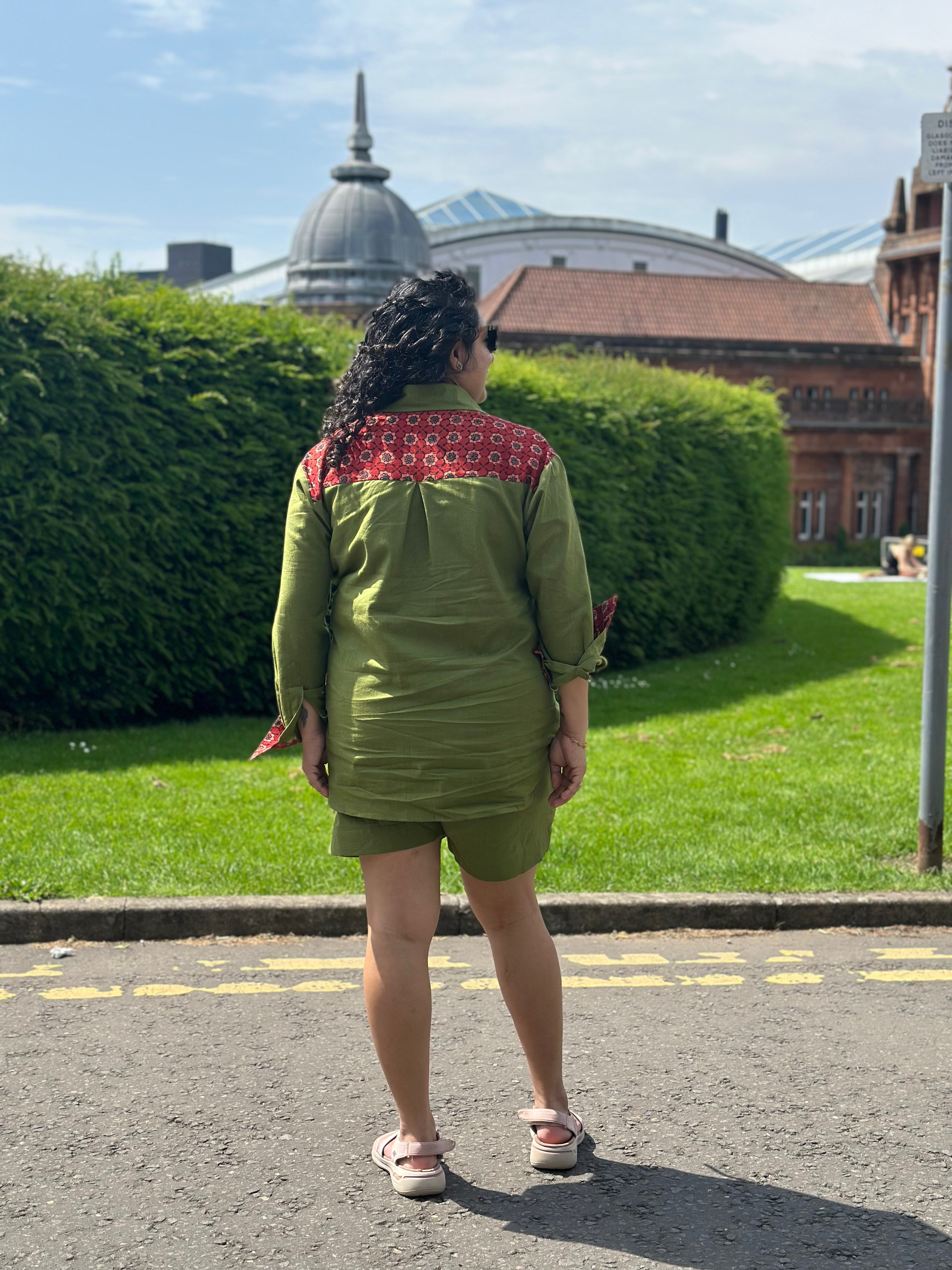 Olive Cotton Co-ord set with Red Ajrakh Handblock print patch