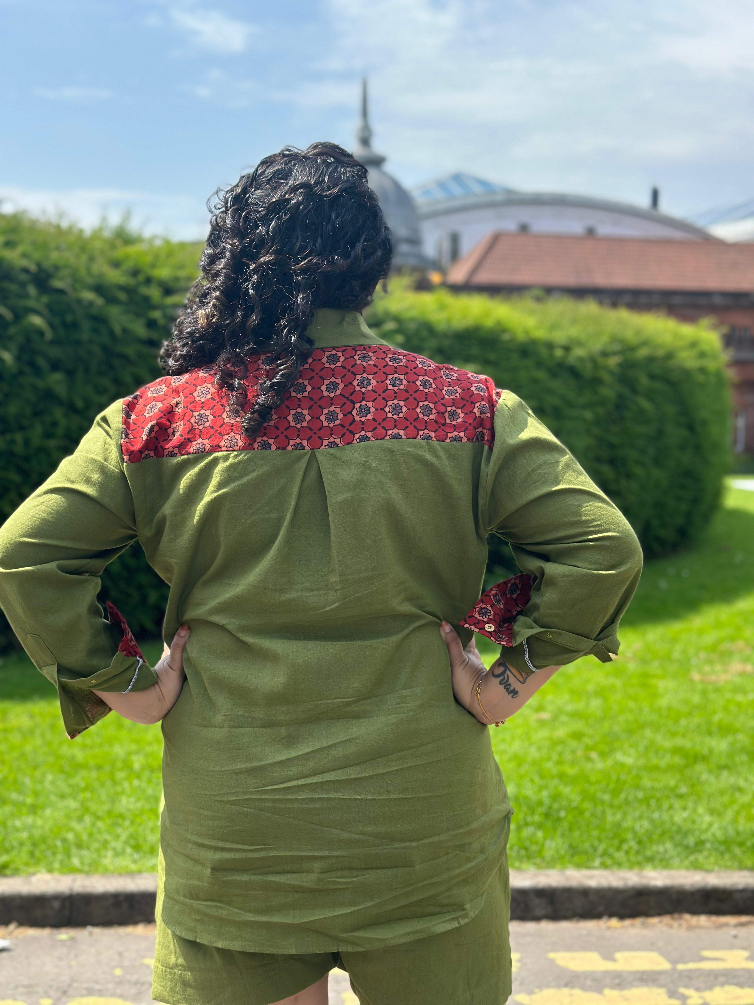Olive Cotton Co-ord set with Red Ajrakh Handblock print patch