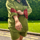 Olive Cotton Co-ord set with Red Ajrakh Handblock print patch