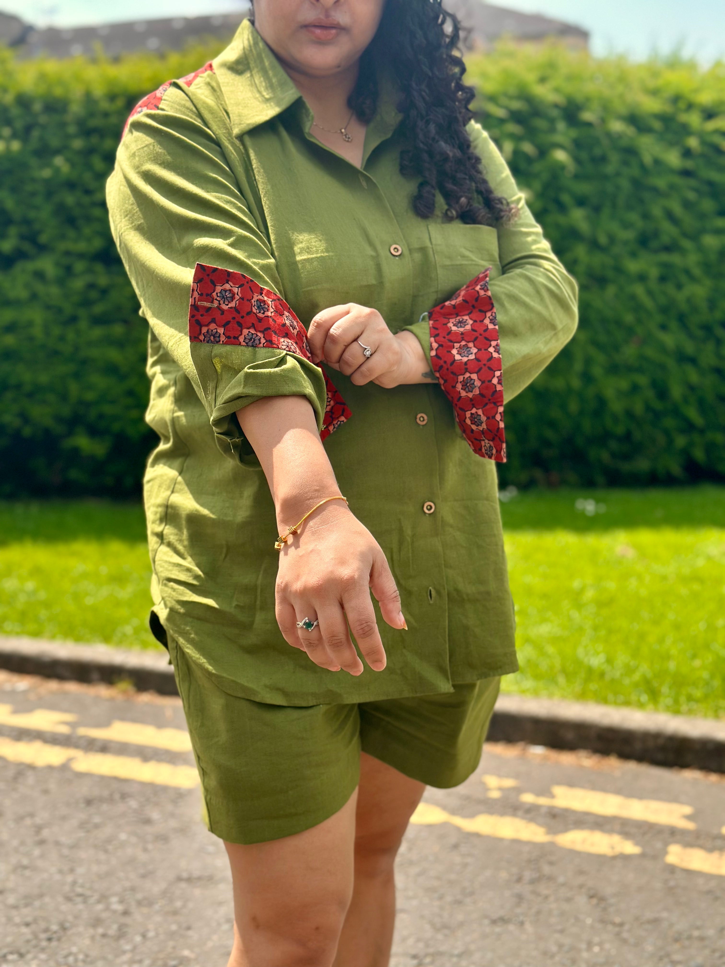 Olive Cotton Co-ord set with Red Ajrakh Handblock print patch