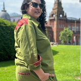 Olive Cotton Co-ord set with Red Ajrakh Handblock print patch