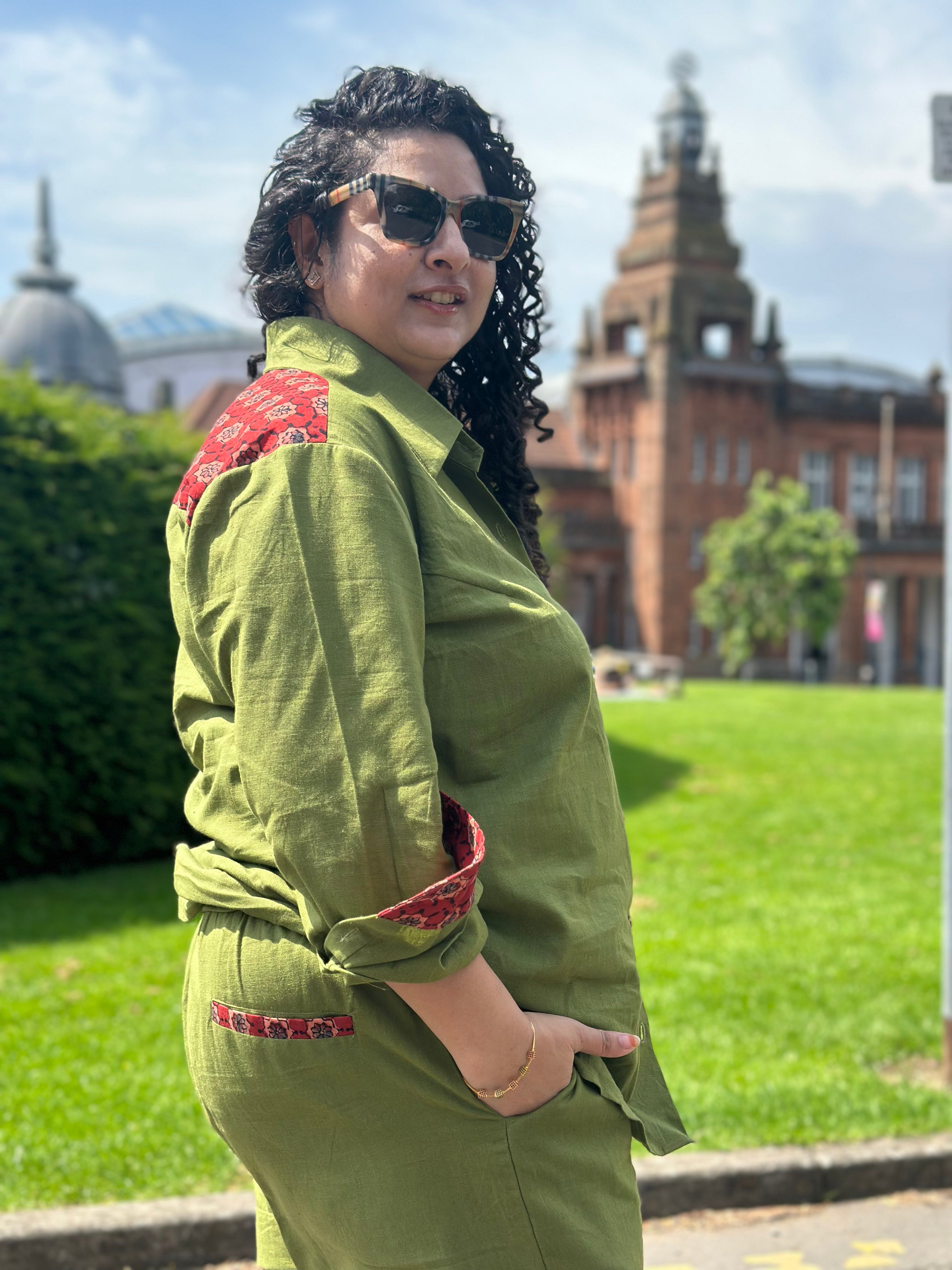 Olive Cotton Co-ord set with Red Ajrakh Handblock print patch