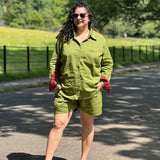 Olive Cotton Co-ord set with Red Ajrakh Handblock print patch