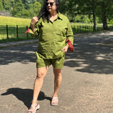 Olive Cotton Co-ord set with Red Ajrakh Handblock print patch