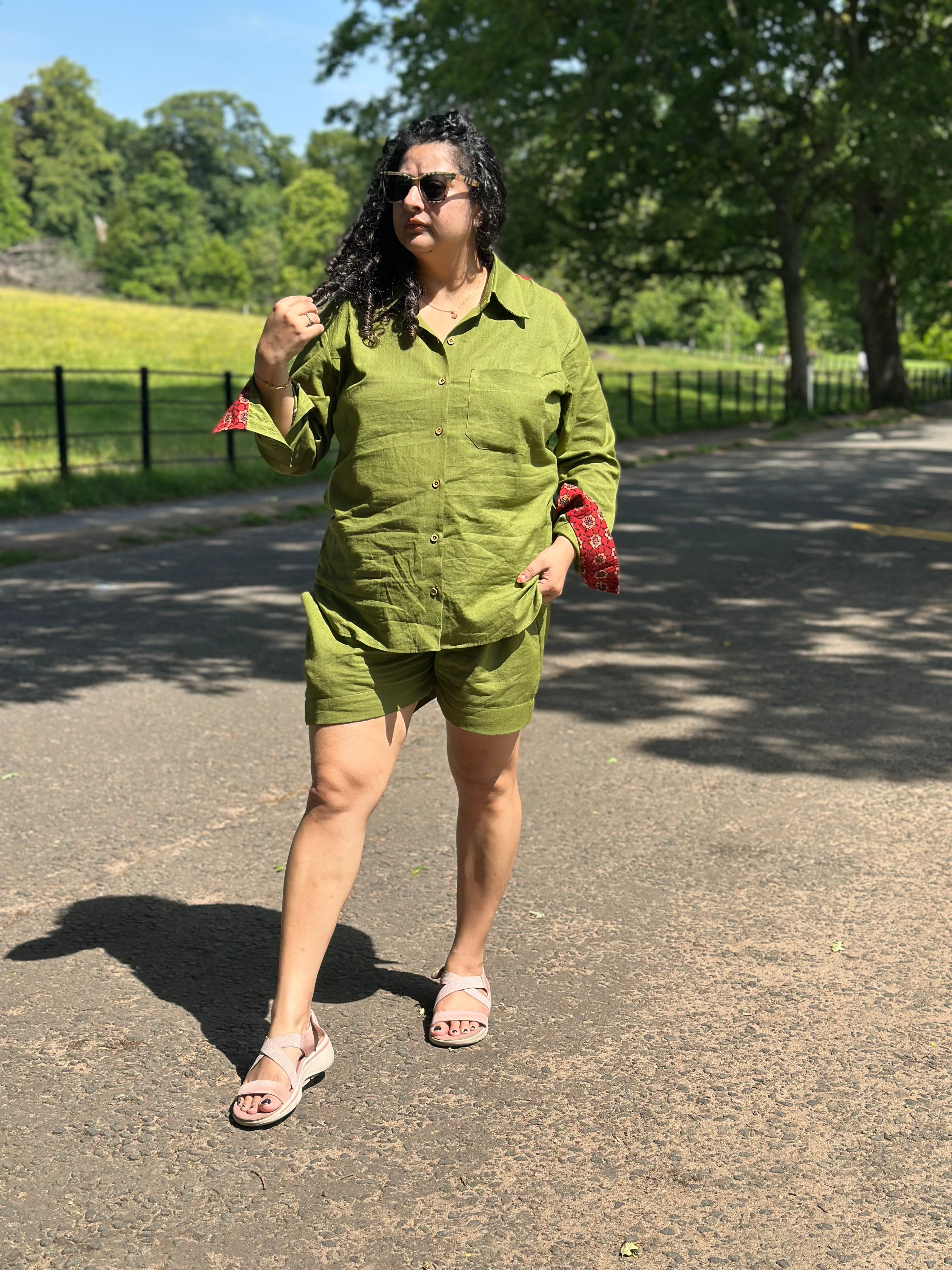 Olive Cotton Co-ord set with Red Ajrakh Handblock print patch