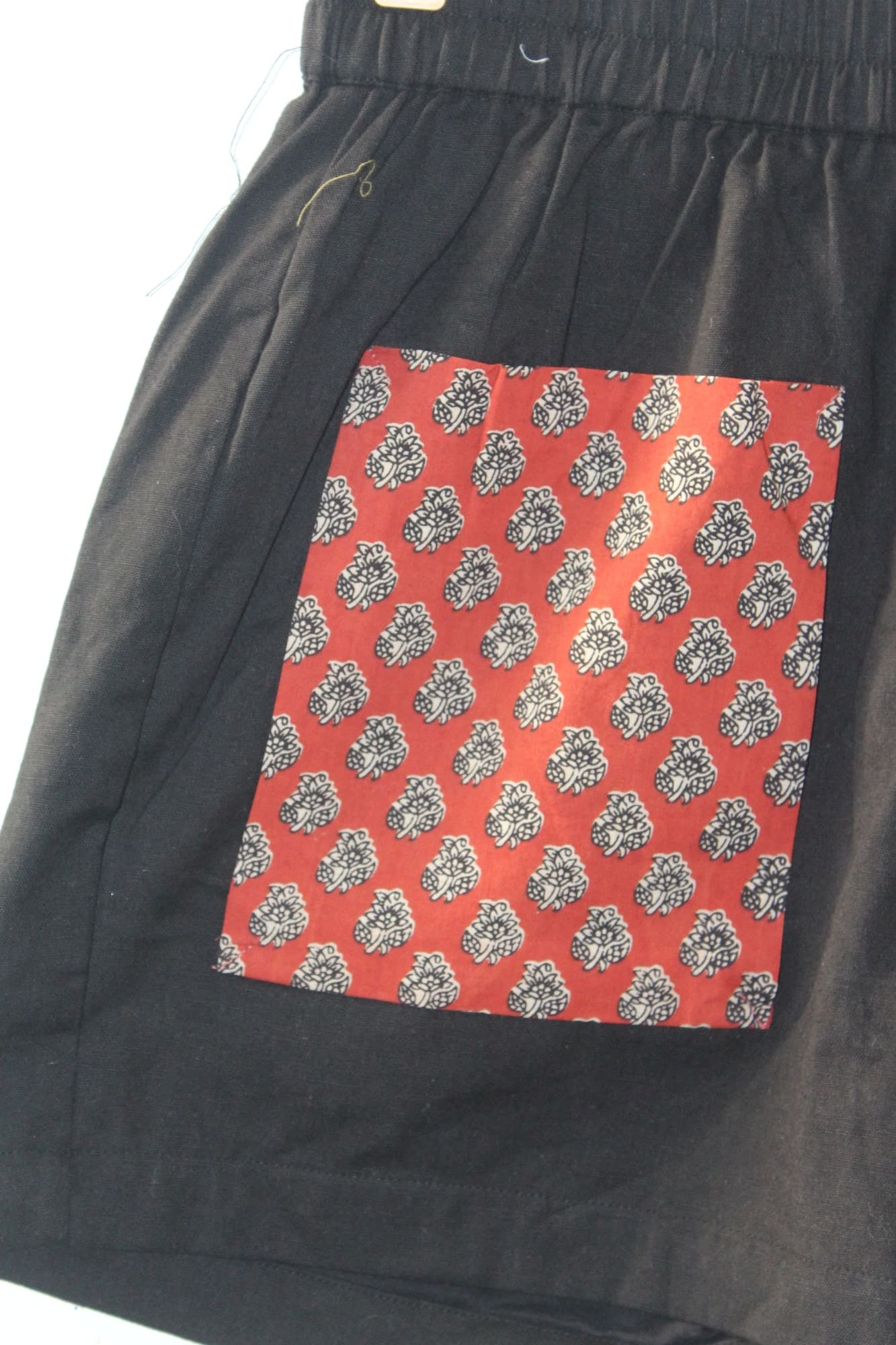 Black Cotton Shorts with Red Bagru Pockets -Shorts