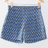 Blue Bagru Booti Cotton Shorts with Wooden Button