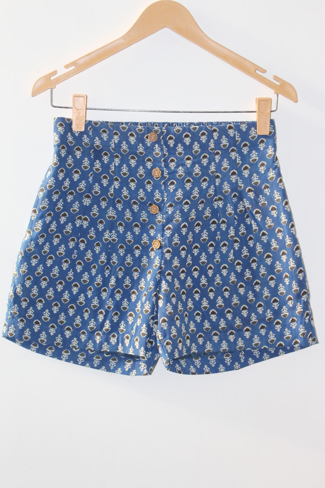 Blue Bagru Booti Cotton Shorts with Wooden Button