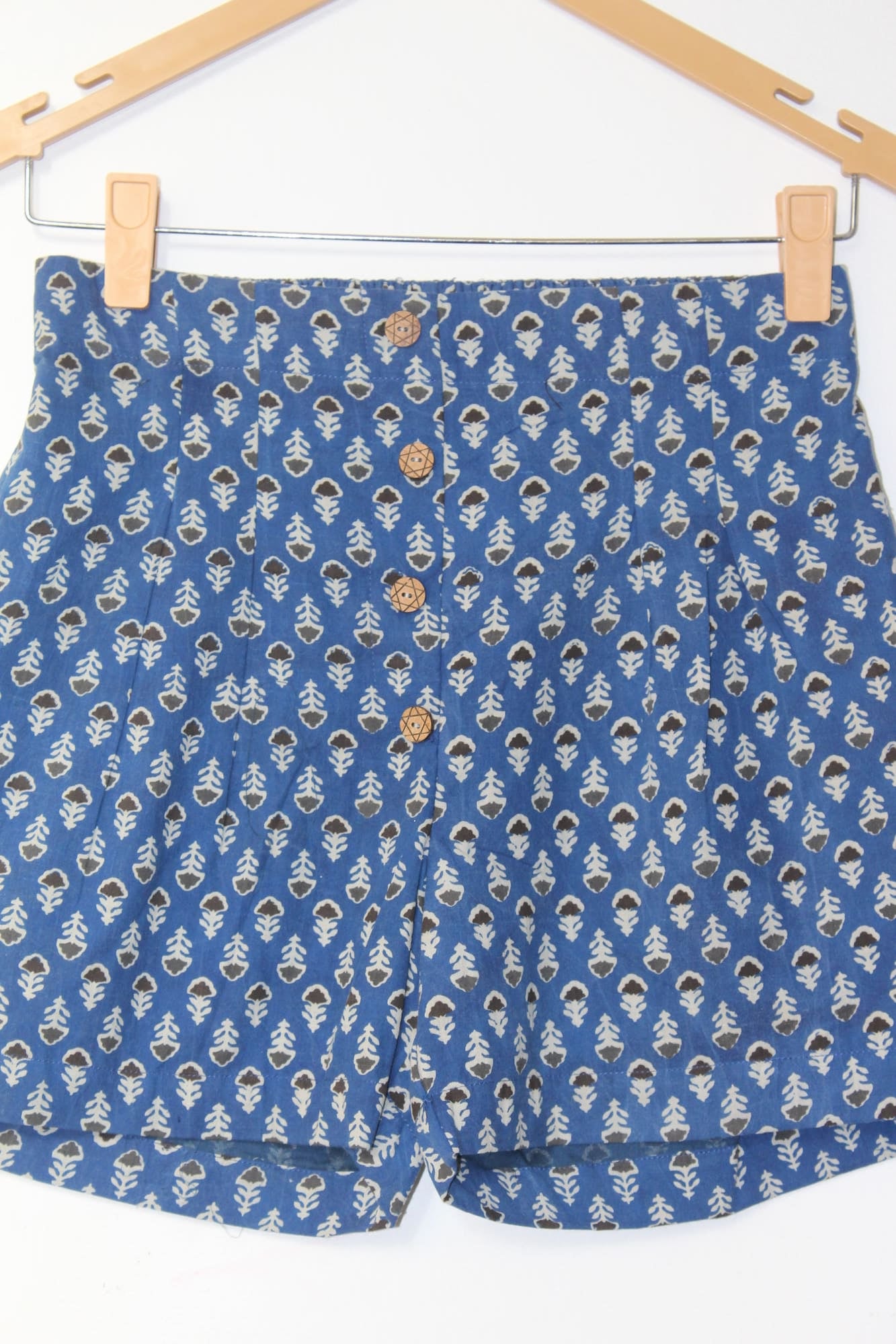 Blue Bagru Booti Cotton Shorts with Wooden Button