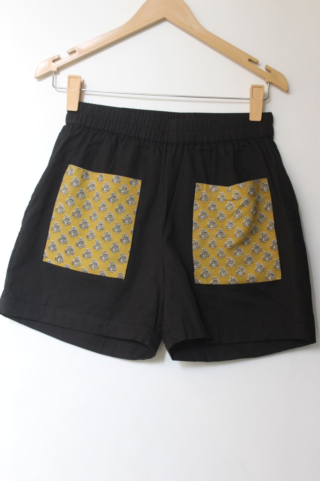 Black Cotton Shorts with Mustard Bagru Pockets