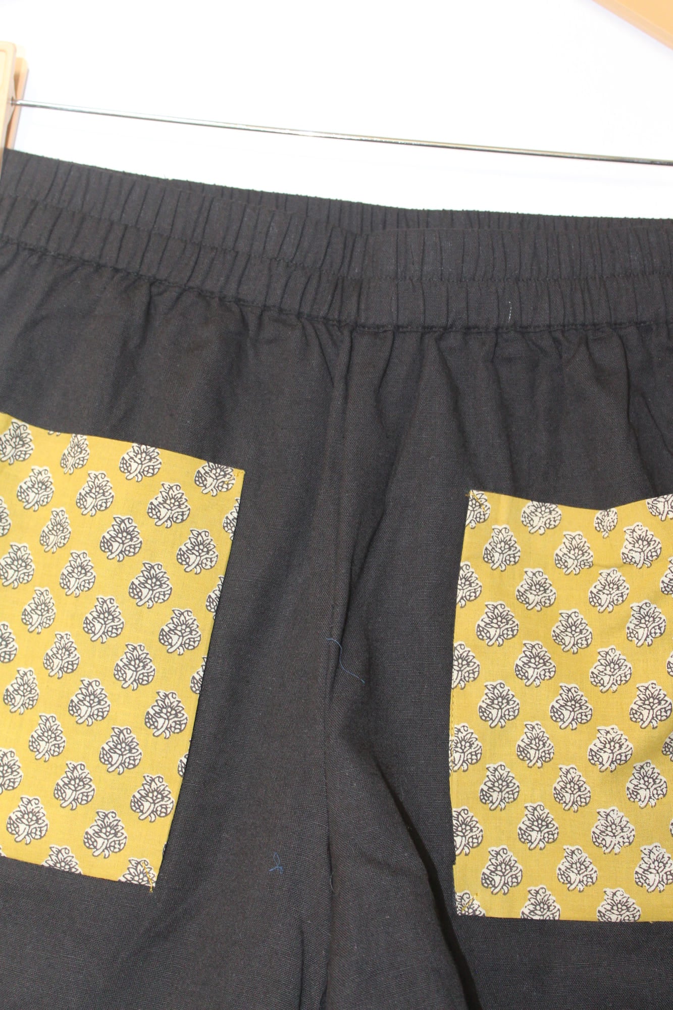 Black Cotton Shorts with Mustard Bagru Pockets