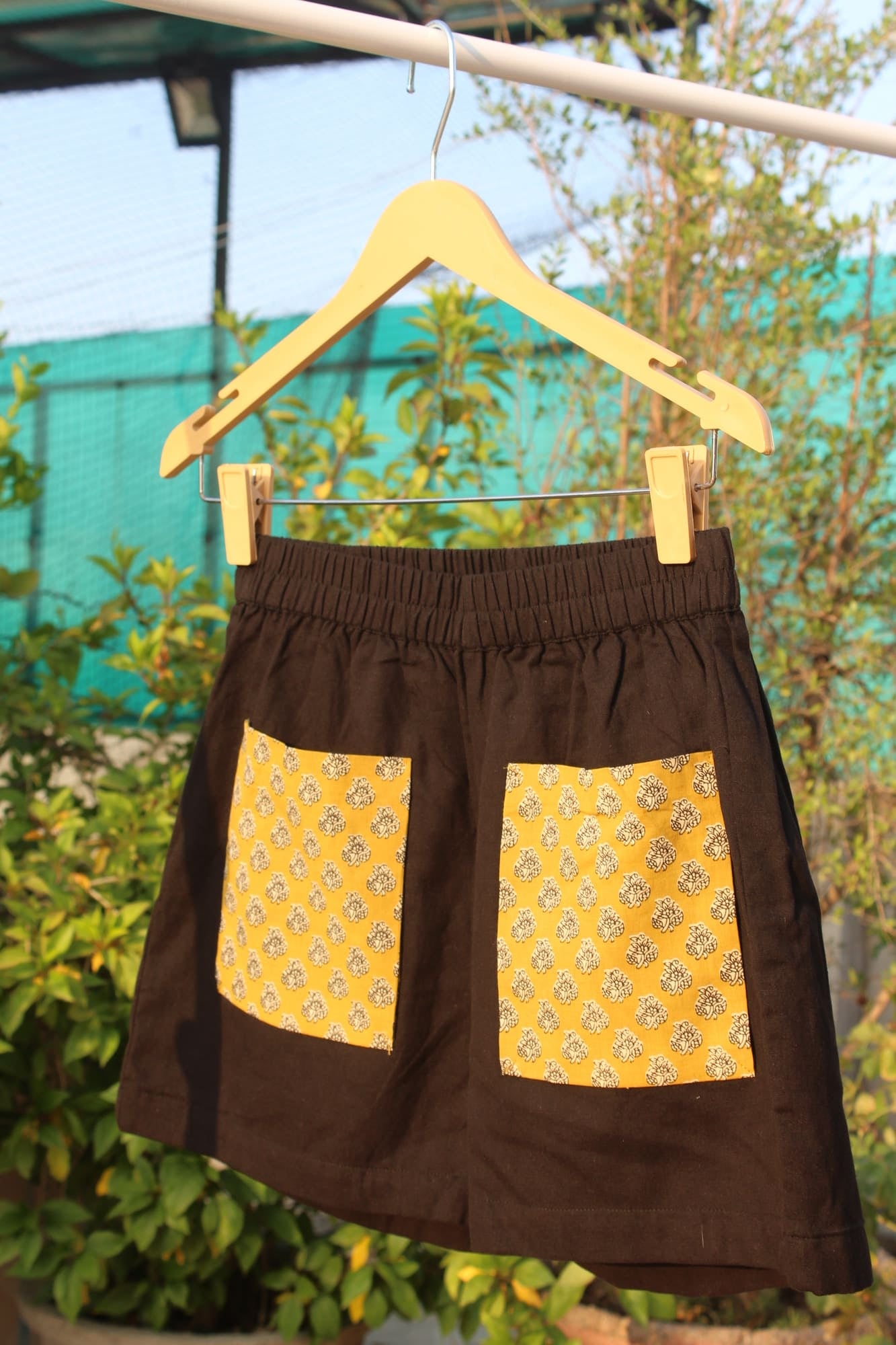 Black Cotton Shorts with Mustard Bagru Pockets