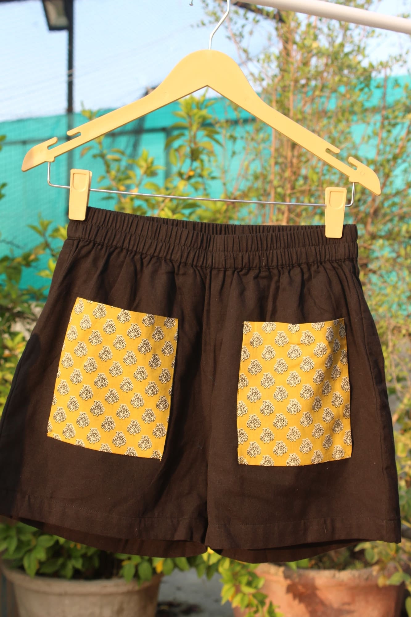 Black Cotton Shorts with Mustard Bagru Pockets