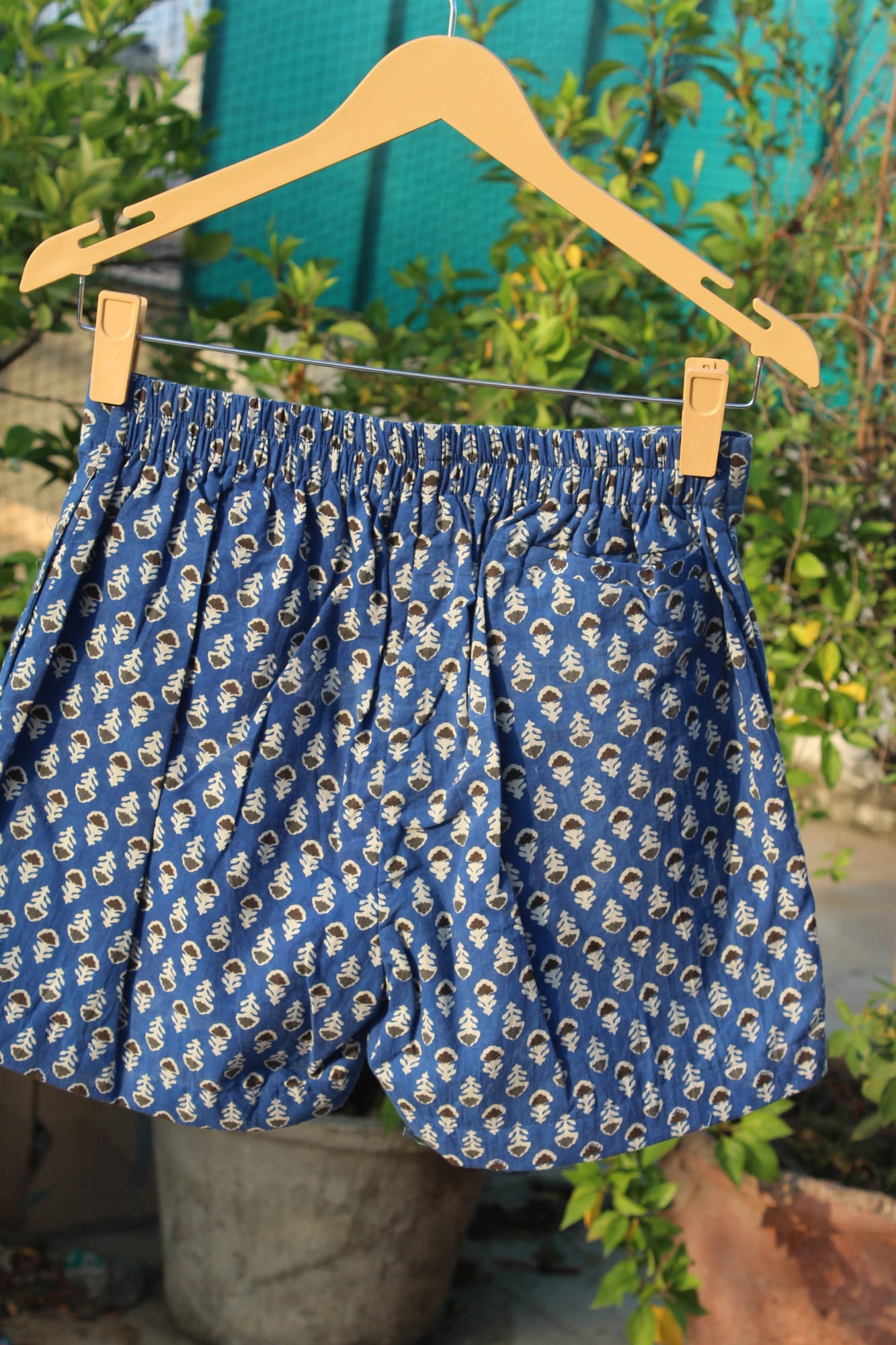 Blue Bagru Booti Cotton Shorts with Wooden Button