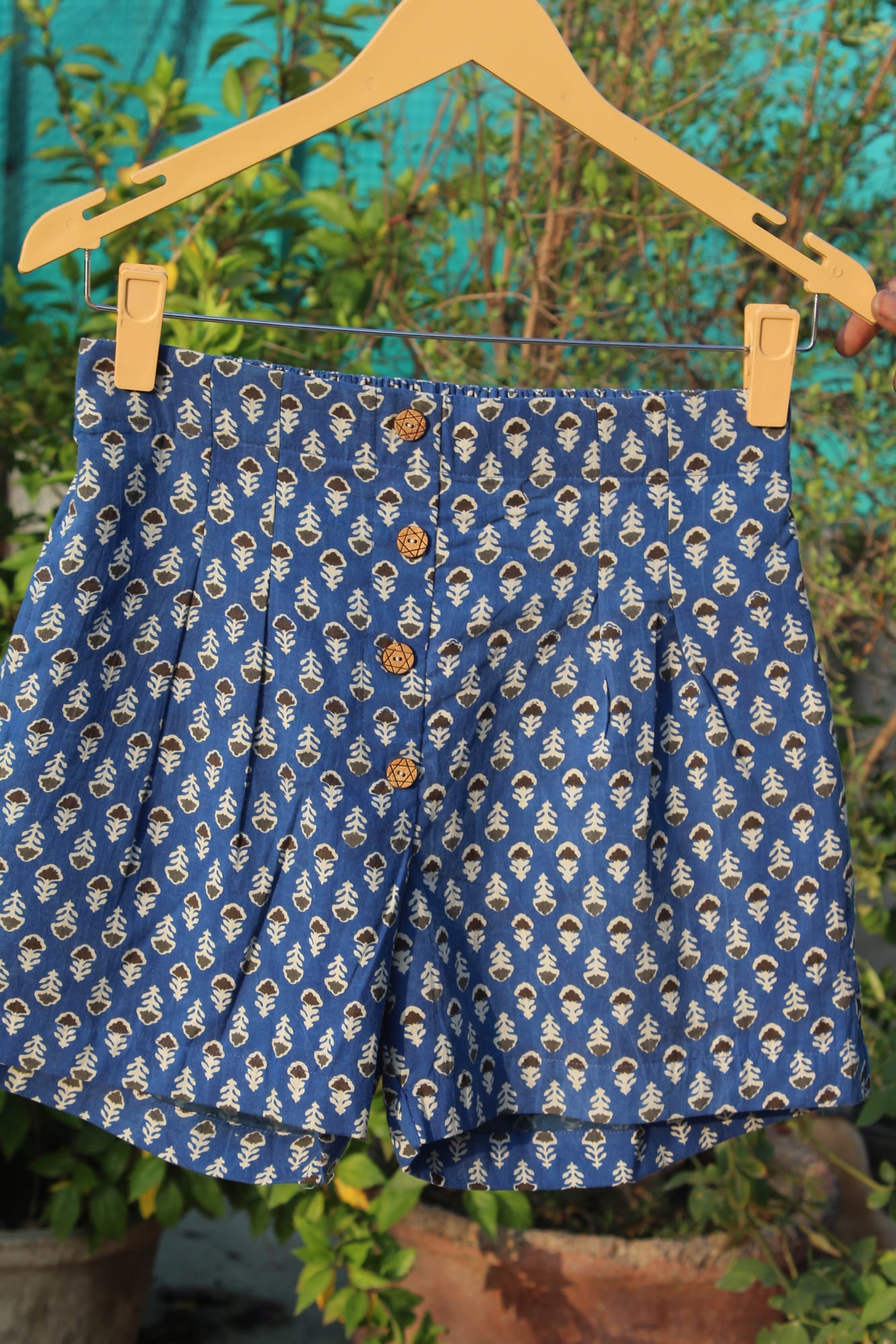 Blue Bagru Booti Cotton Shorts with Wooden Button