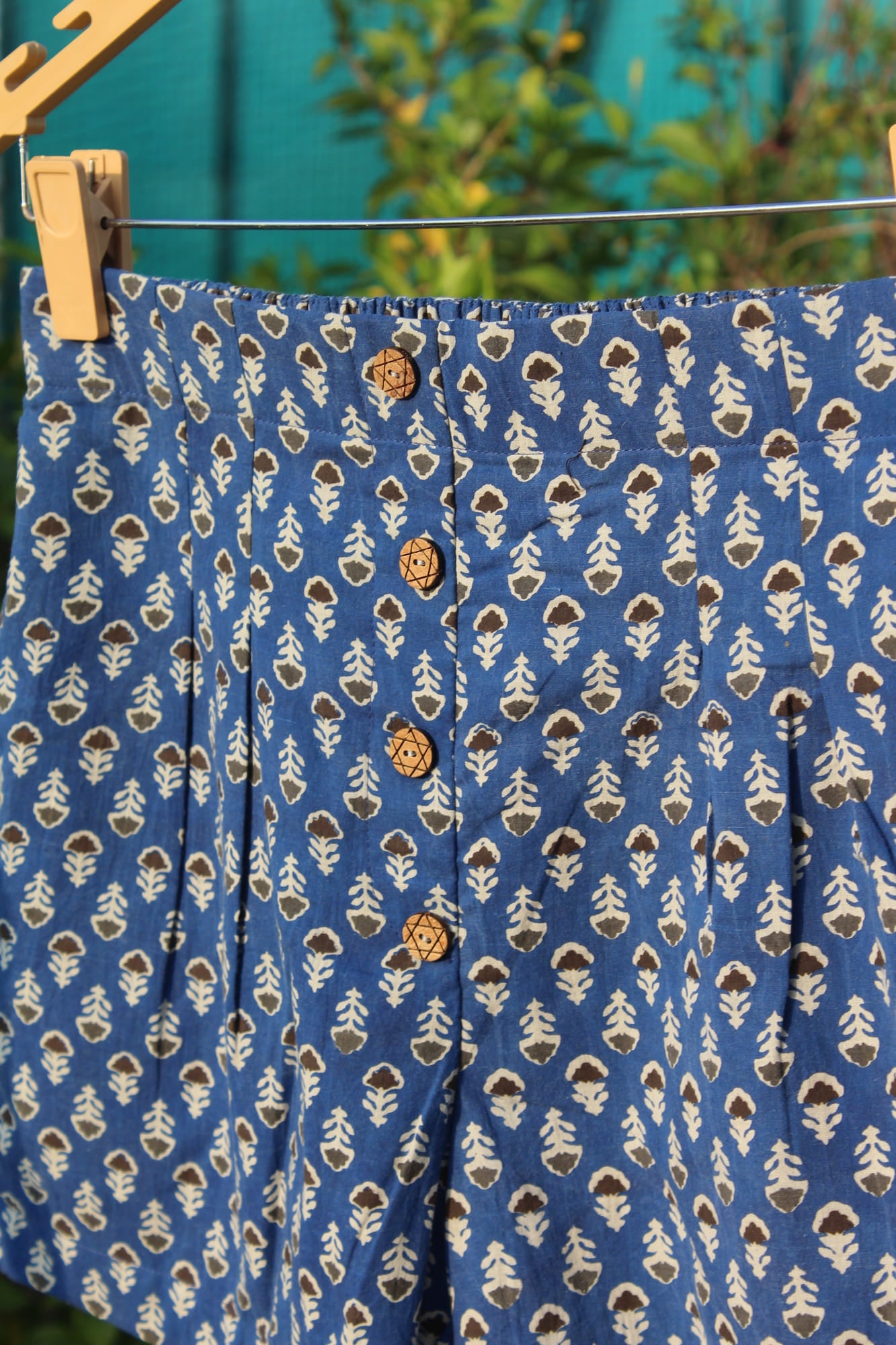 Blue Bagru Booti Cotton Shorts with Wooden Button