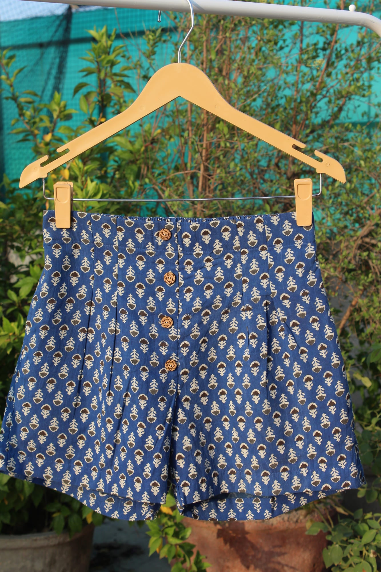 Blue Bagru Booti Cotton Shorts with Wooden Button