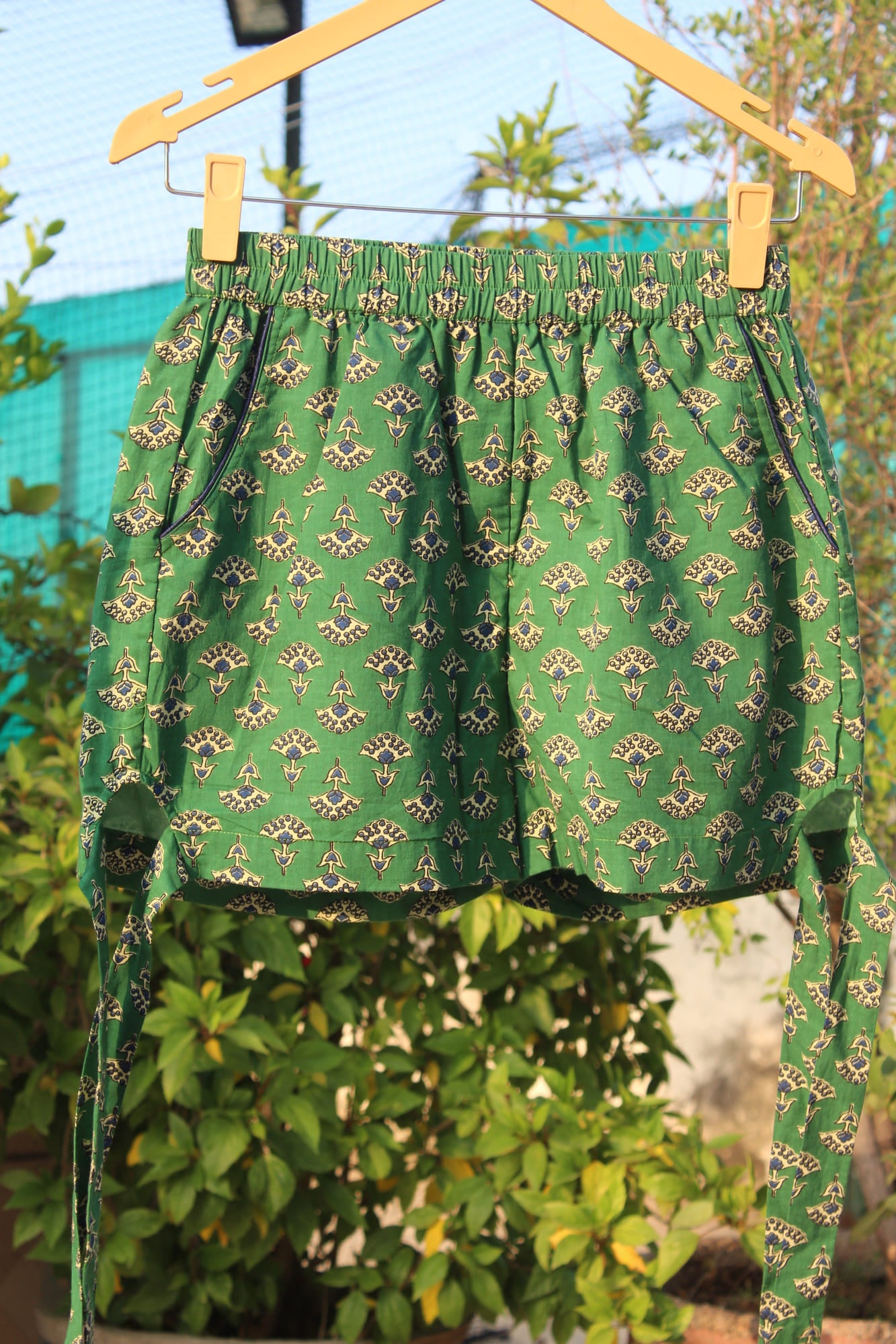 Green Bagru Booti Cotton Shorts with Side Knots