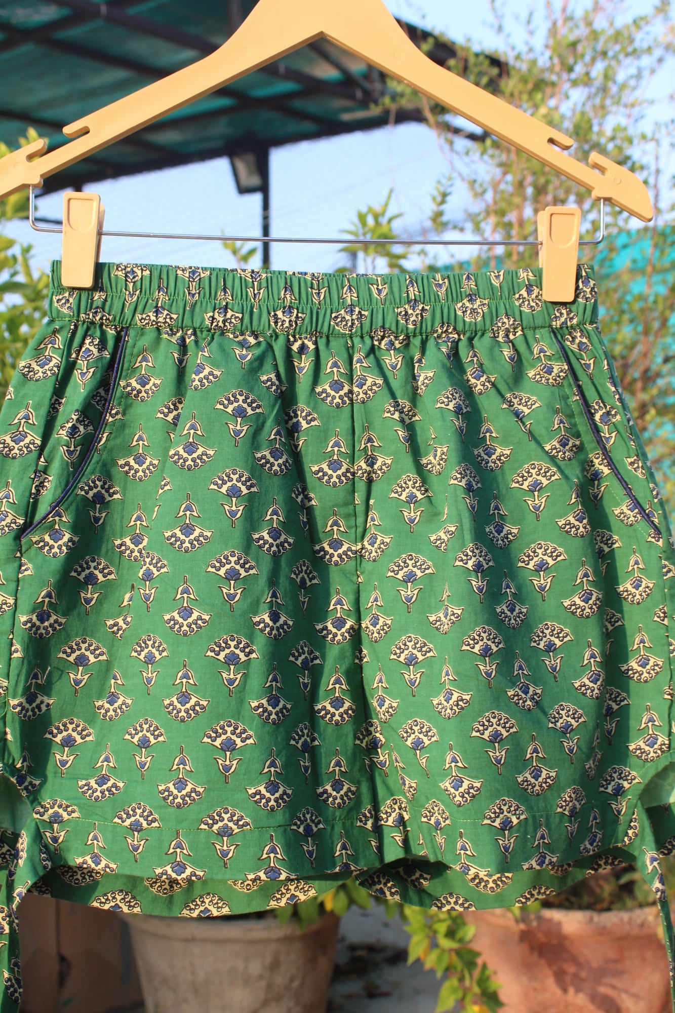 Green Bagru Booti Cotton Shorts with Side Knots