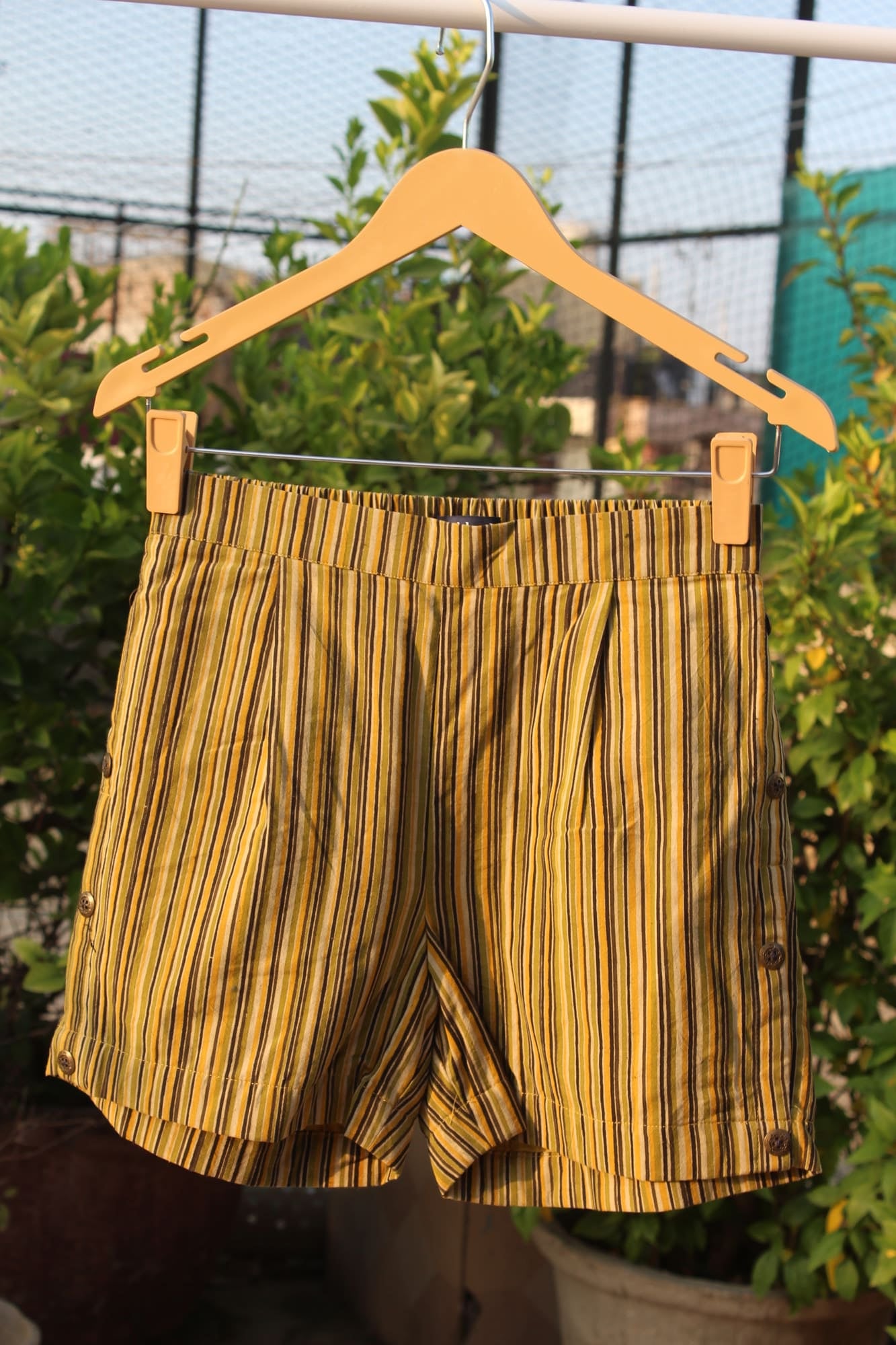 Olive Dabu Stripe Cotton Shorts