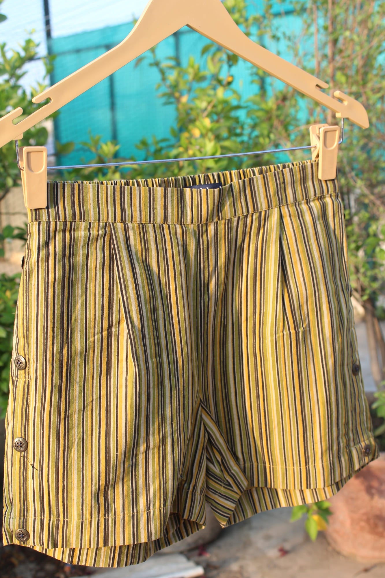 Olive Dabu Stripe Cotton Shorts