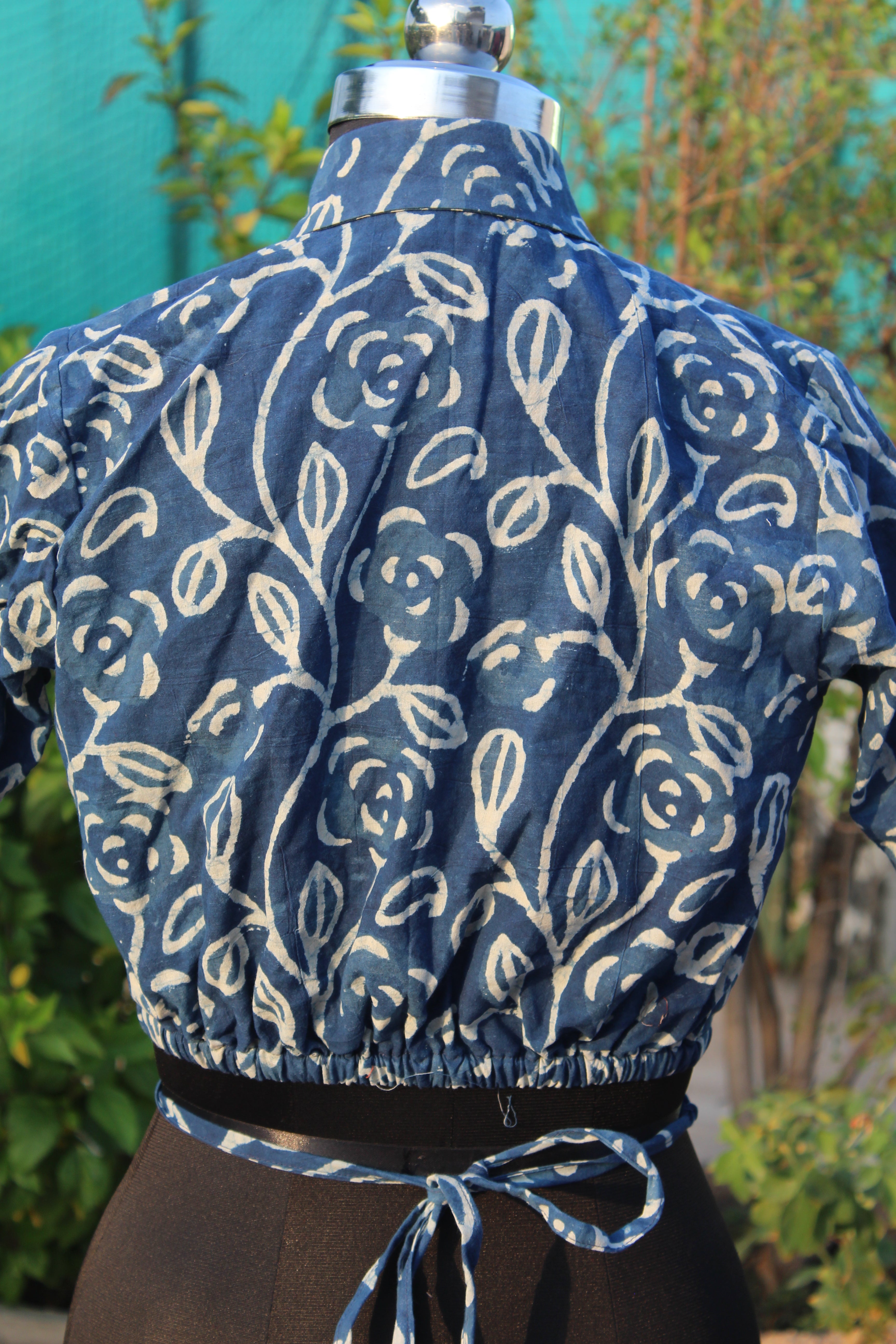 Indigo Dabu handblock leaf print tie-me-up crop top
