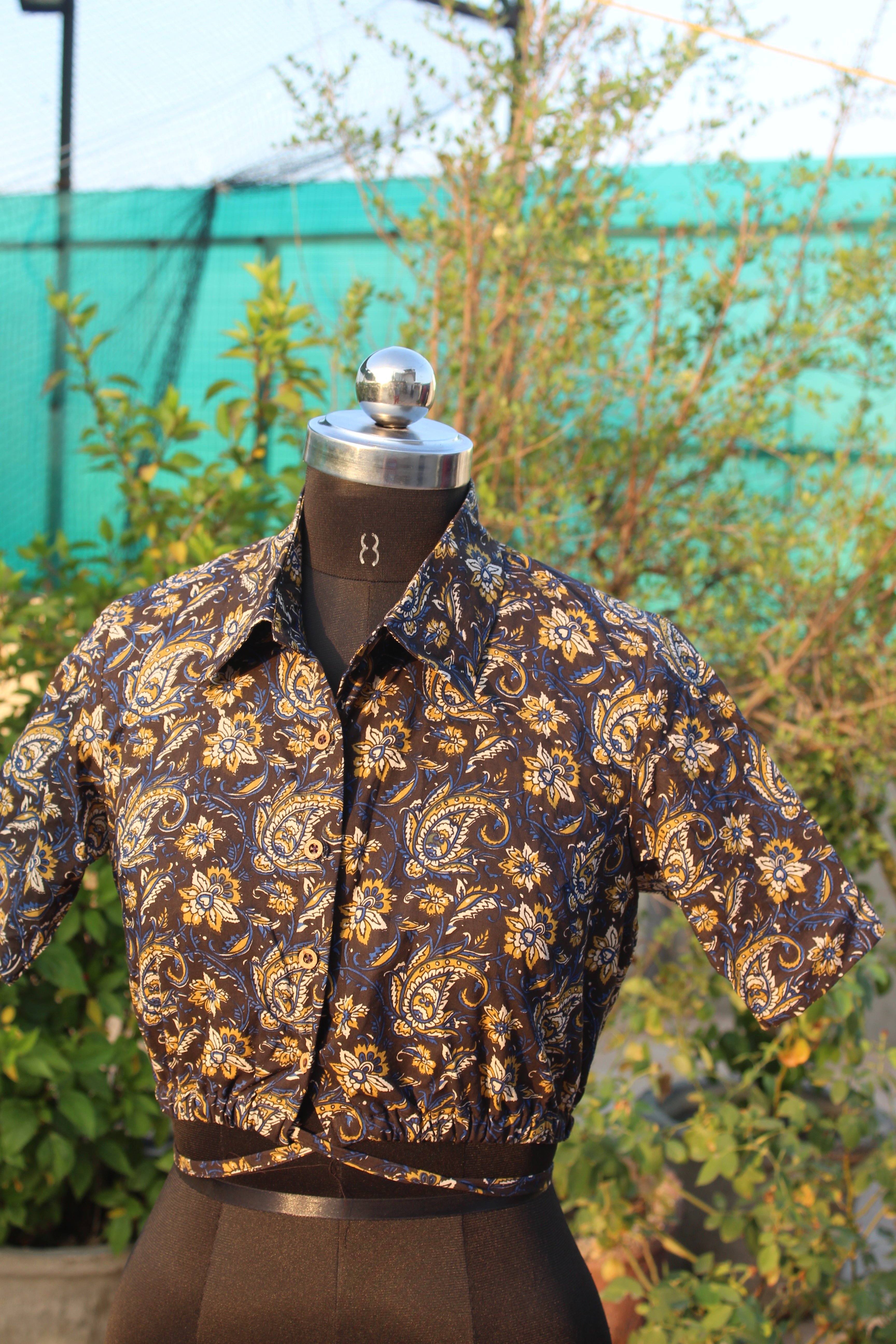 Kalamkari bagru handblock printed collar style tie-me up crop top