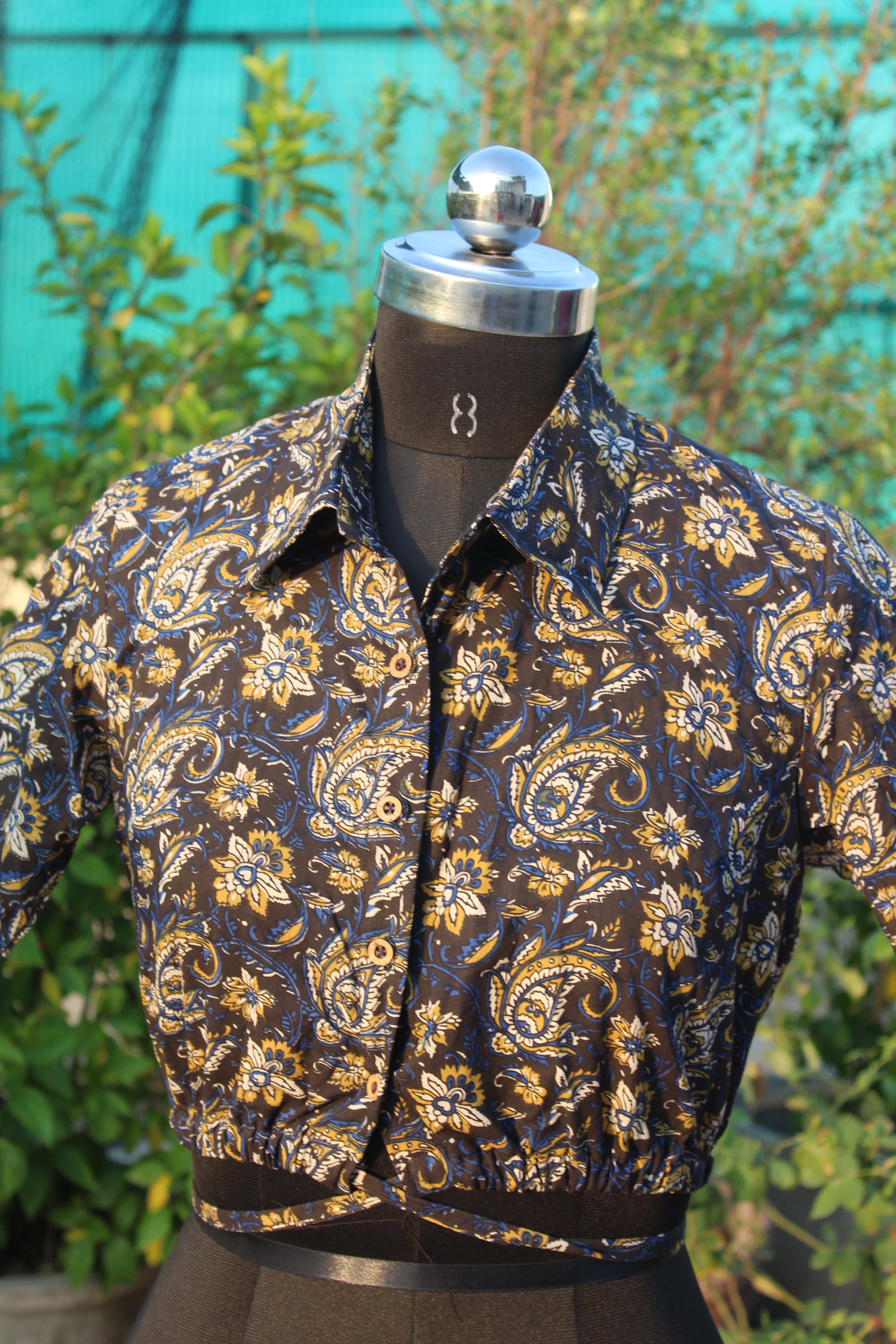 Kalamkari bagru handblock printed collar style tie-me up crop top