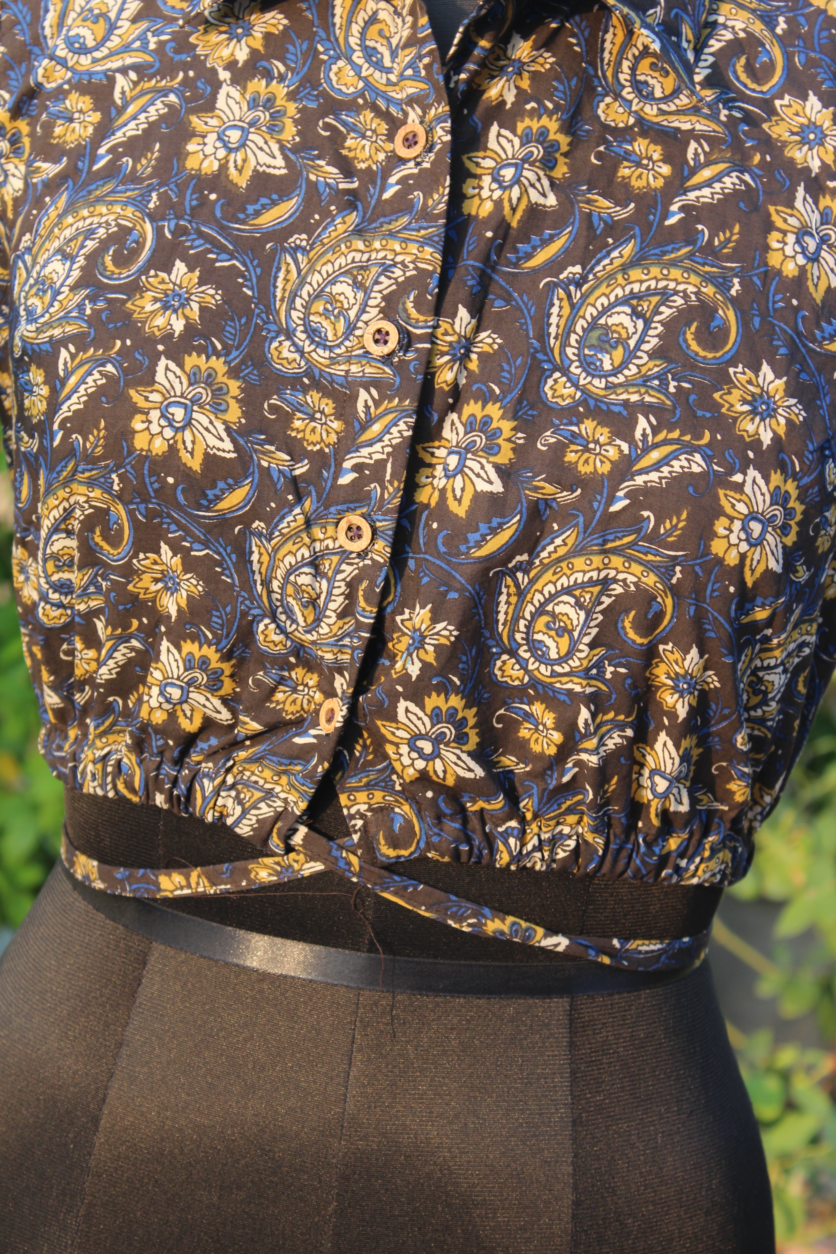 Kalamkari bagru handblock printed collar style tie-me up crop top