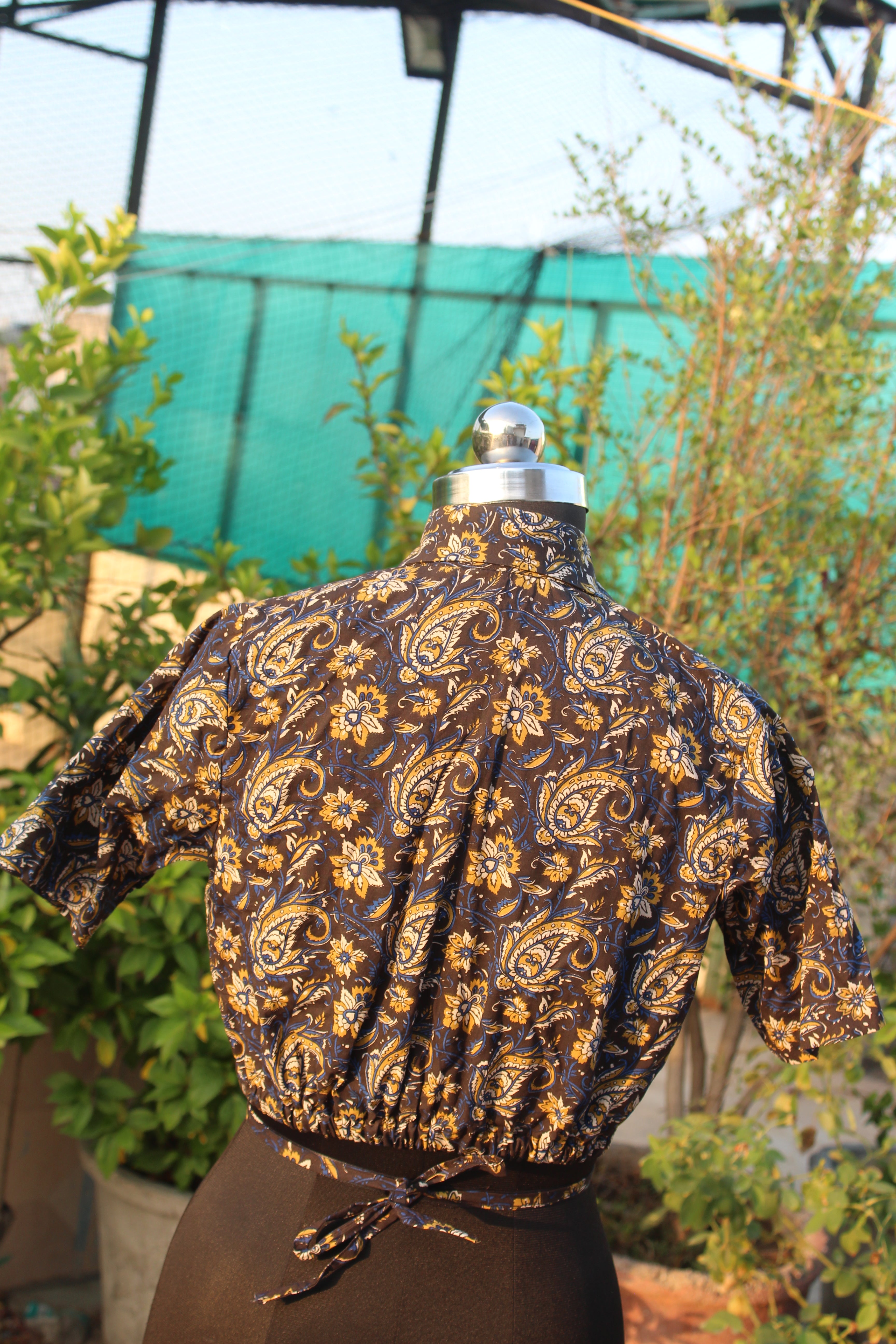 Kalamkari bagru handblock printed collar style tie-me up crop top