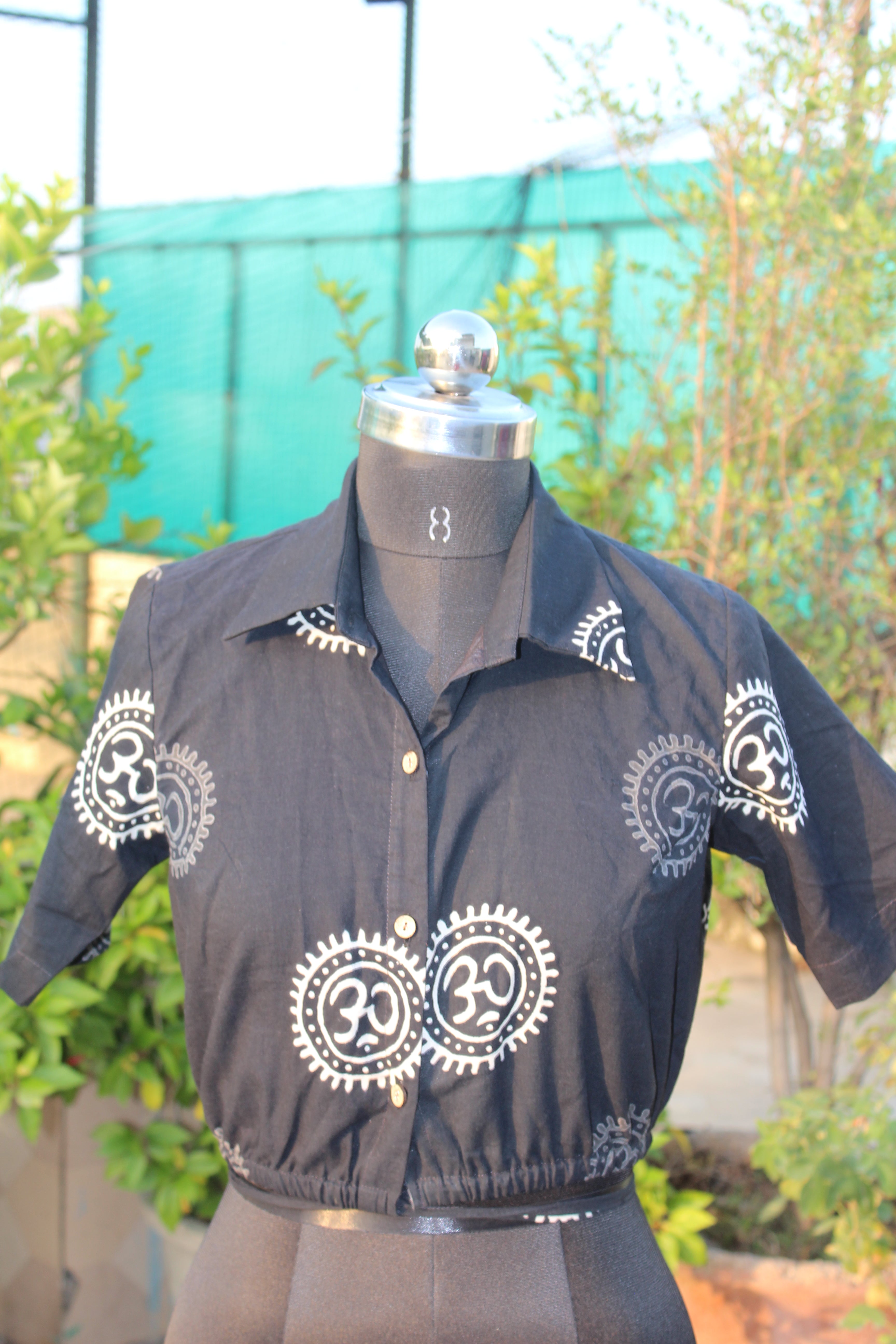 Om Handblock print tie-me-up crop top
