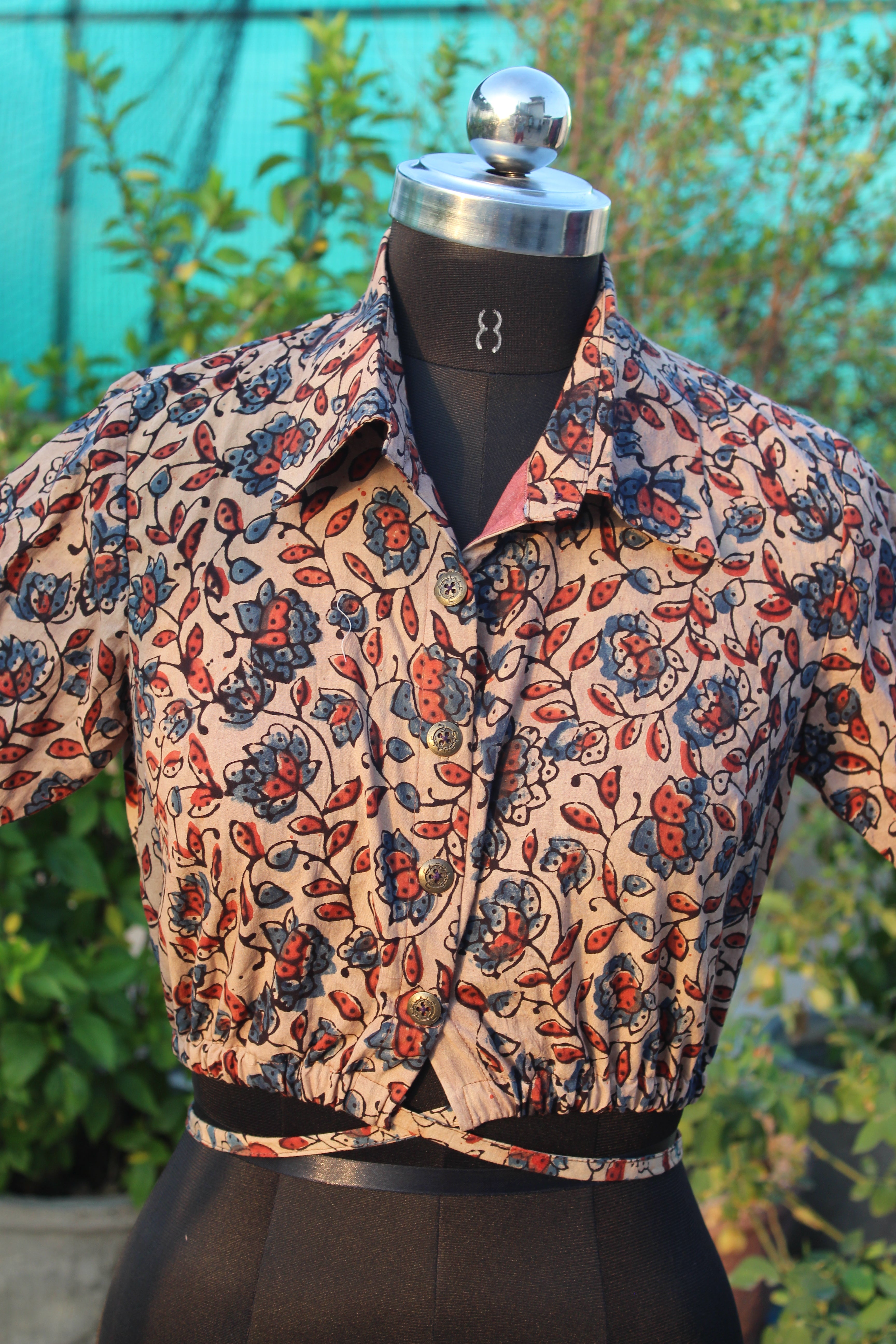 Ajrakh handblock floral print tie-me-up crop top
