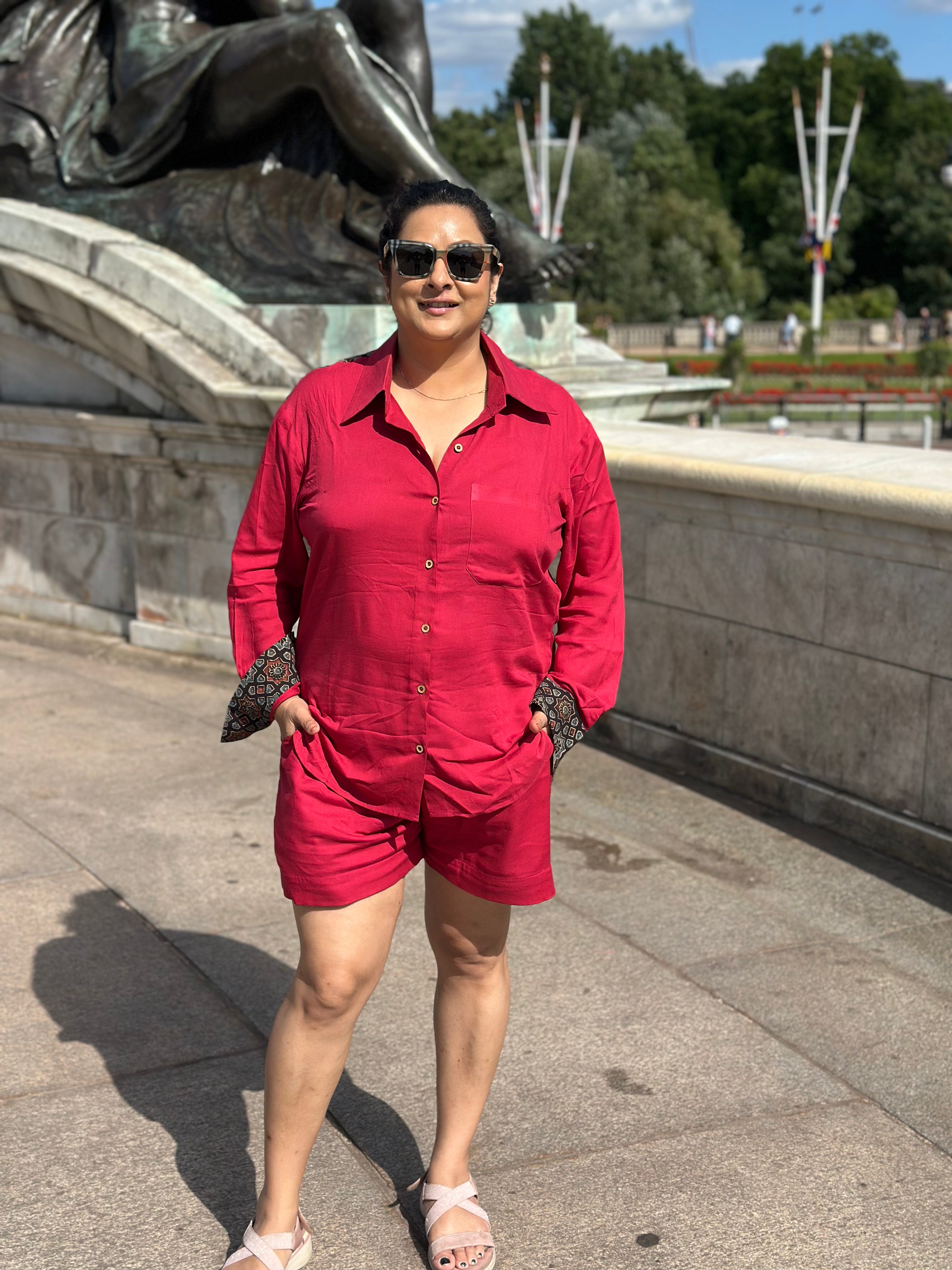 Red Rayon Cotton Co-Ord set with Black Ajrakh Handblock print patch
