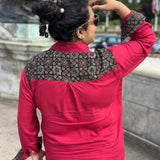 Red Rayon Cotton Co-Ord set with Black Ajrakh Handblock print patch