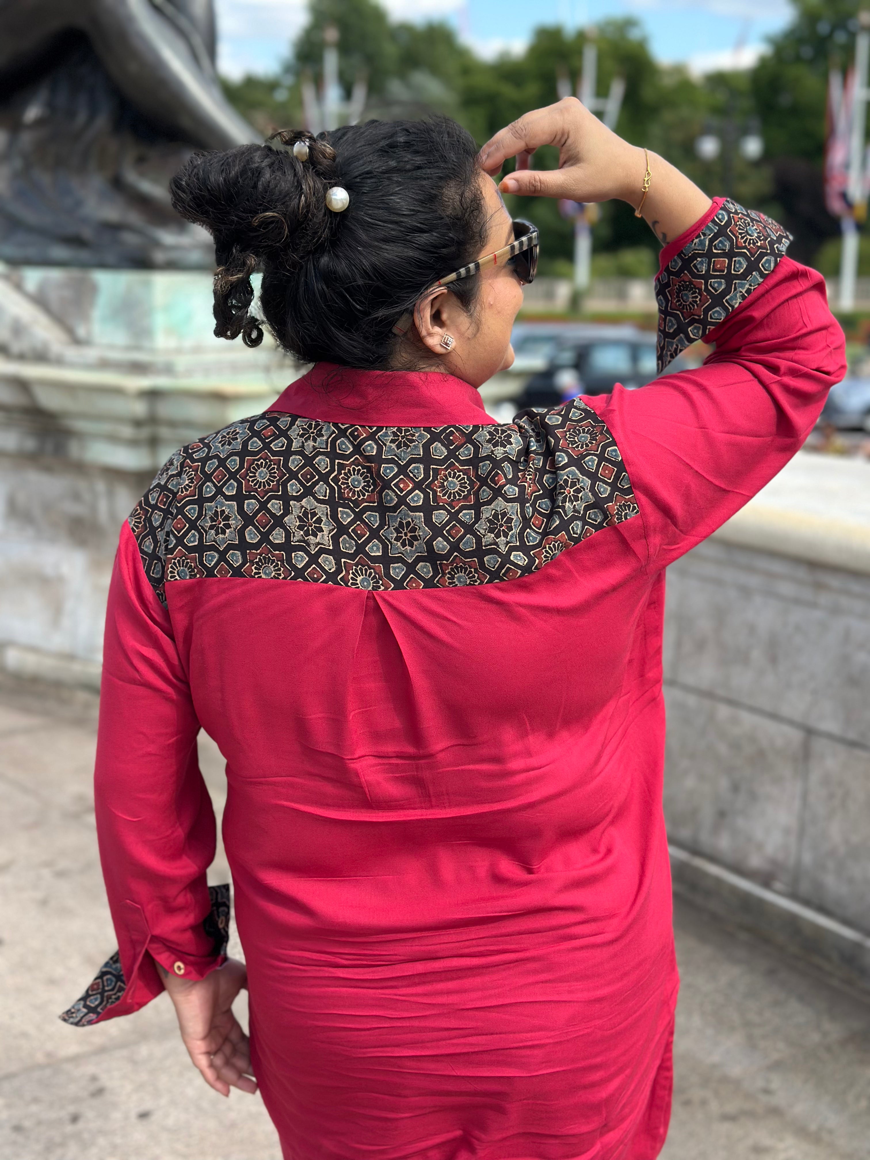 Red Rayon Cotton Co-Ord set with Black Ajrakh Handblock print patch