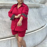 Red Rayon Cotton Co-Ord set with Black Ajrakh Handblock print patch