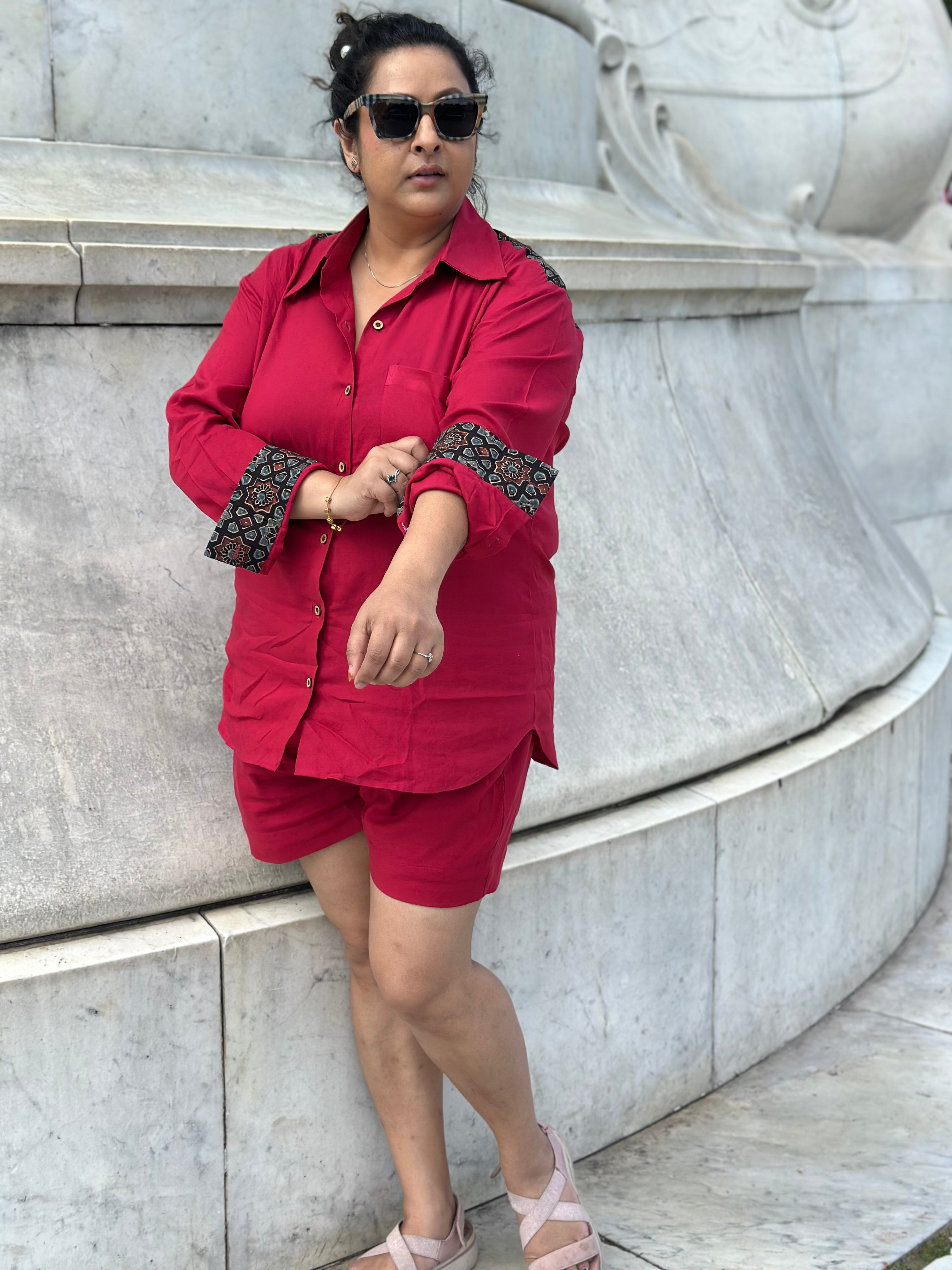Red Rayon Cotton Co-Ord set with Black Ajrakh Handblock print patch