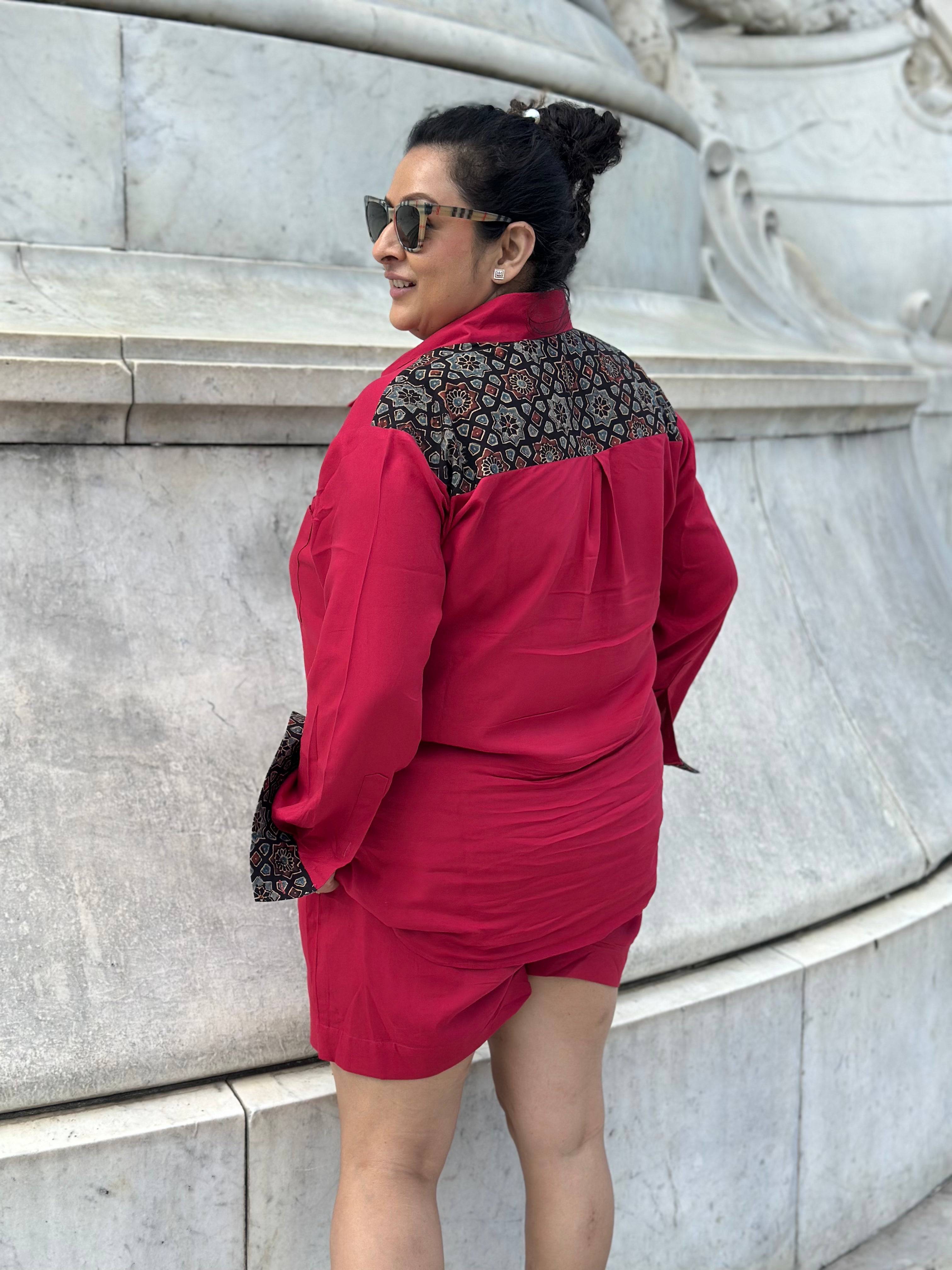 Red Rayon Cotton Co-Ord set with Black Ajrakh Handblock print patch
