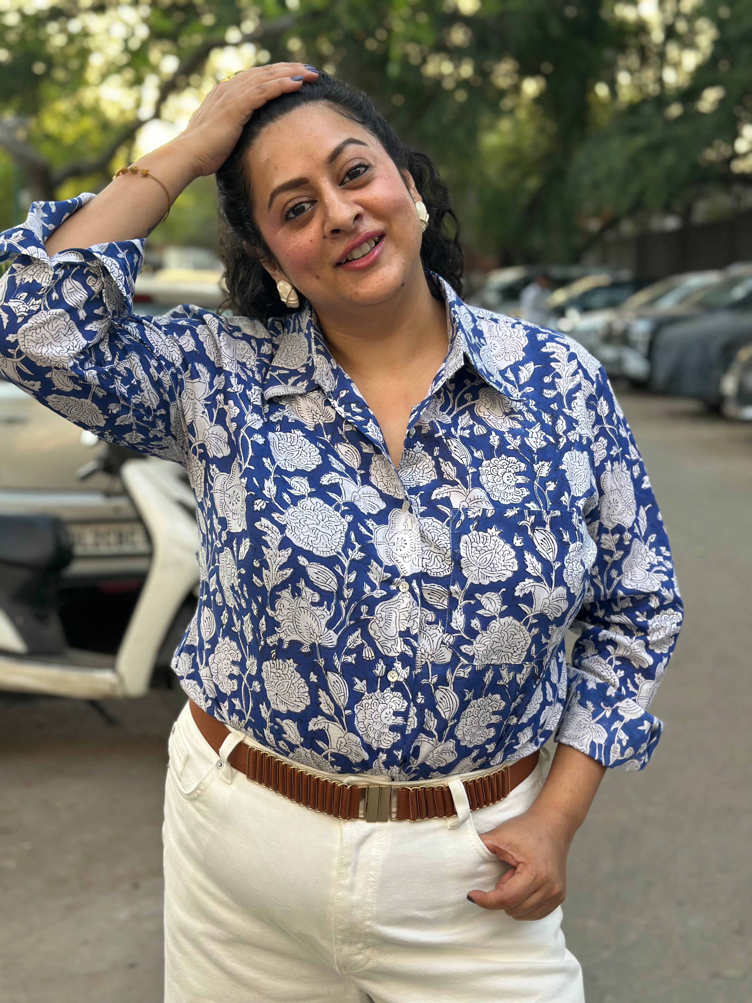 Rangrez Blue Shirt- Blue Sanganeri Handblock Printed Cotton Shirt For Women