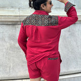 Red Rayon Cotton Co-Ord set with Black Ajrakh Handblock print patch