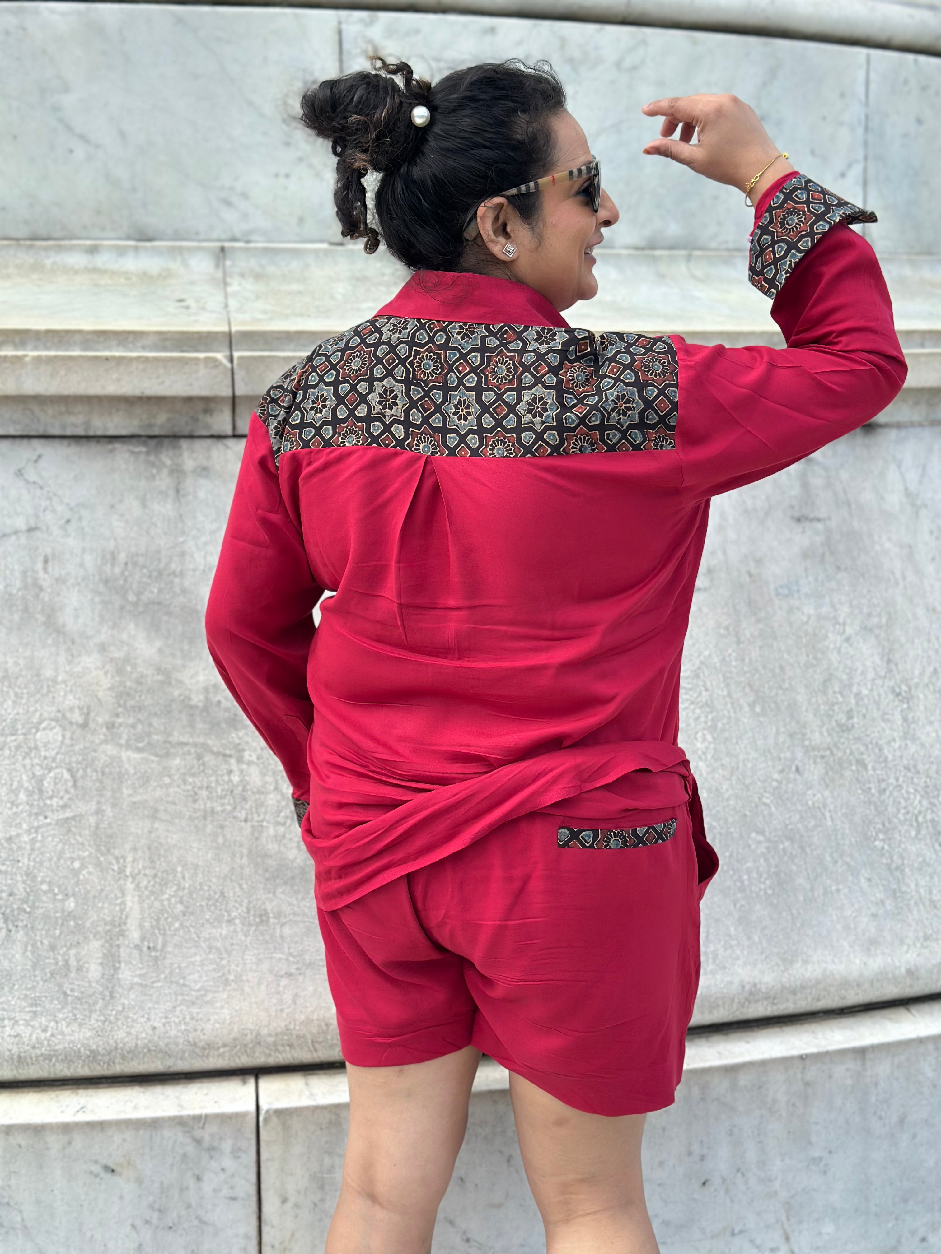 Red Rayon Cotton Co-Ord set with Black Ajrakh Handblock print patch